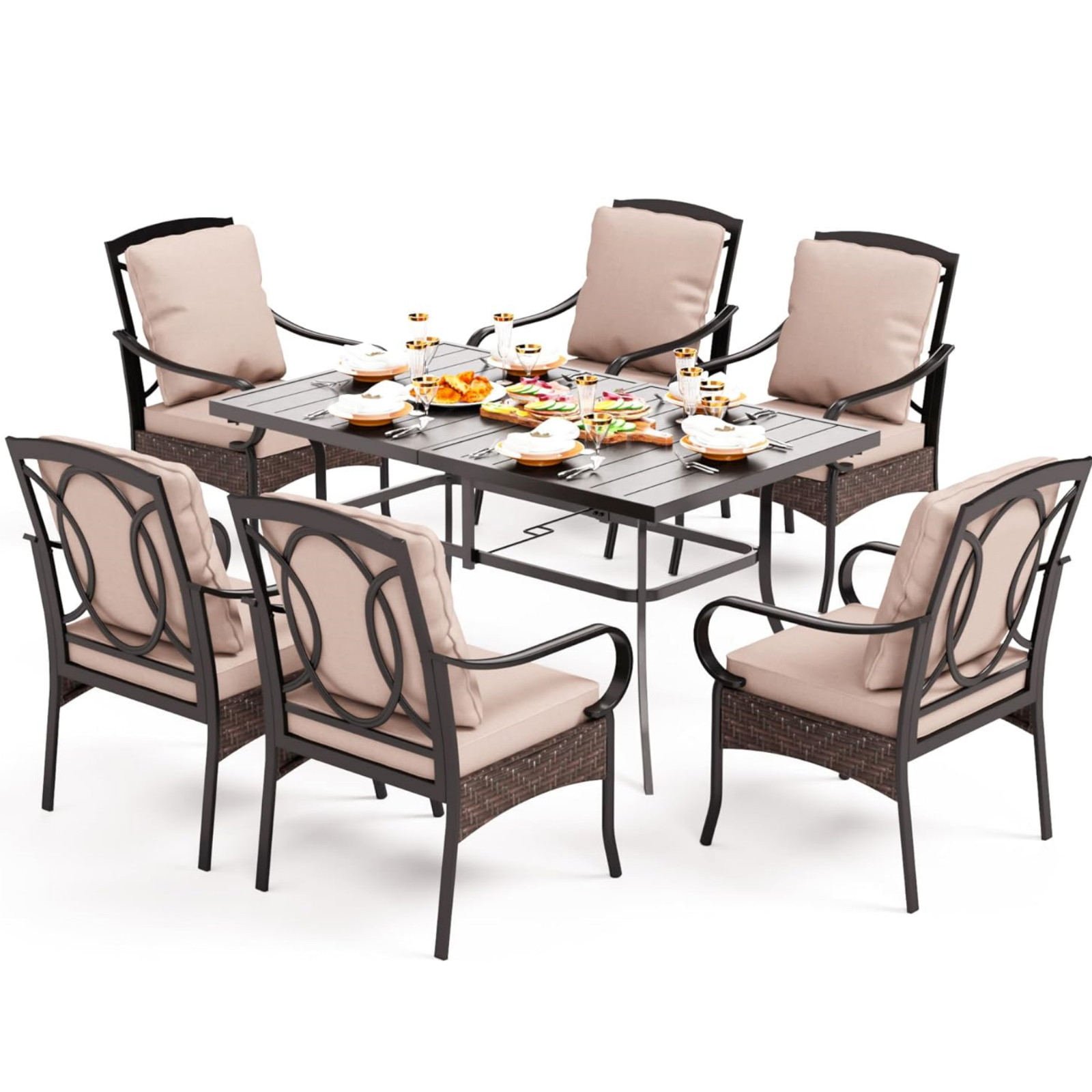 7 Piece Patio Dining Set Rattan Wicker Dining Chair & Table with Umbrella Hole