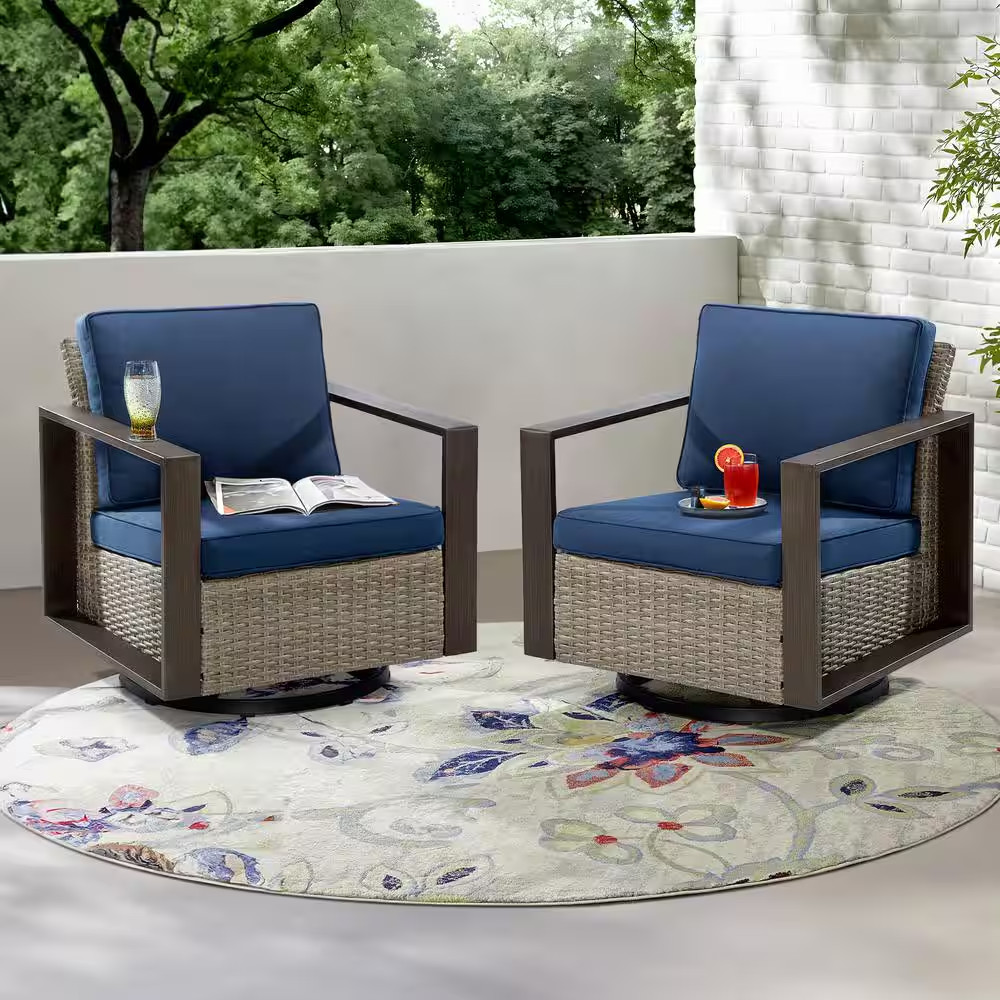 2-Piece Patio Wicker Outdoor Rocking Chair with Metal Frame and Dark Blue Cushio
