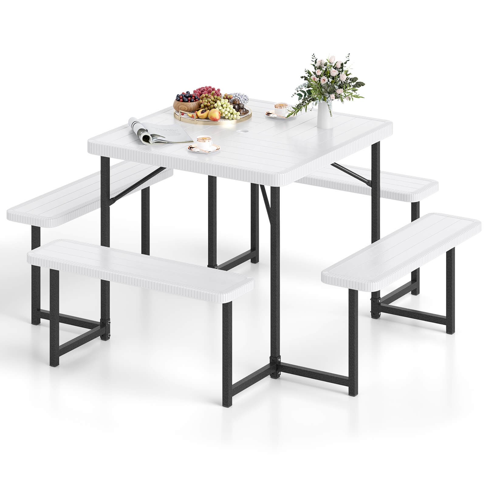 Picnic Table Bench Set for 4-8 People w/ Umbrella Hole All-Weather HDPE Tabletop