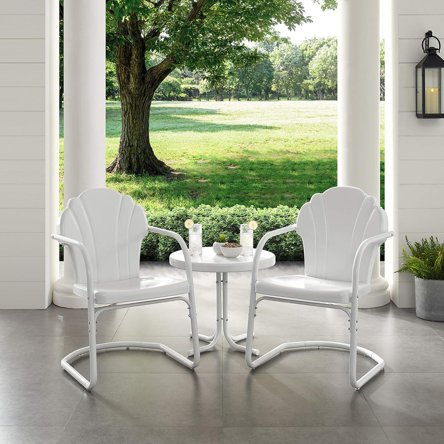 Retro 3-Piece Tulip Outdoor Chair and Side Table Set in White
