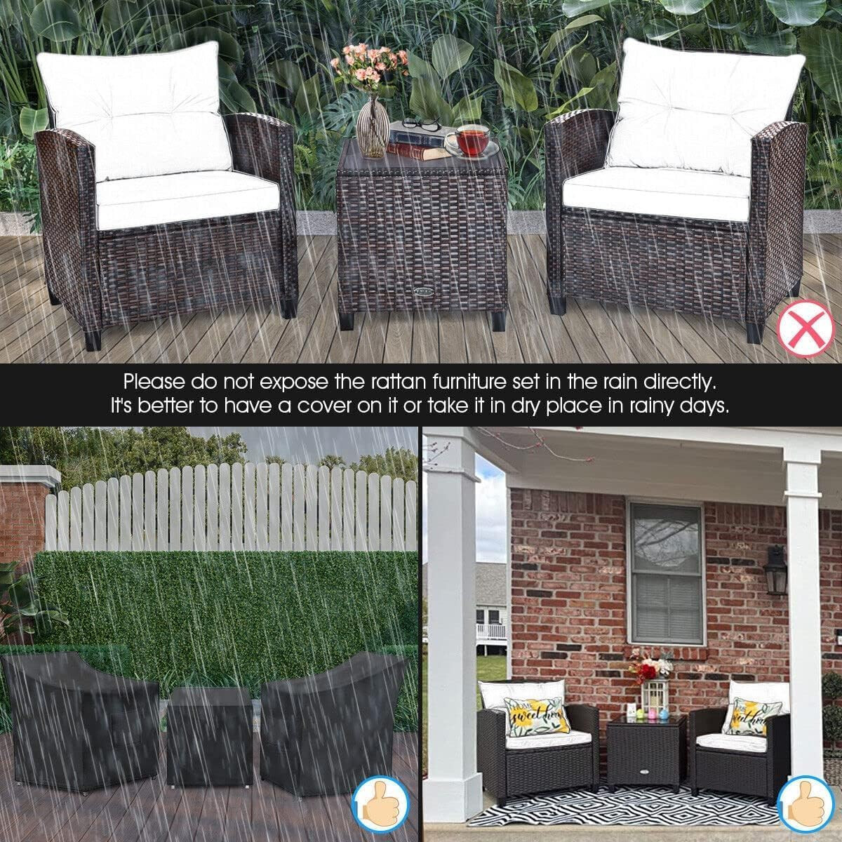 Stylish 3-Piece Rattan Sofa Set with Cushions & Glass Table for Outdoors