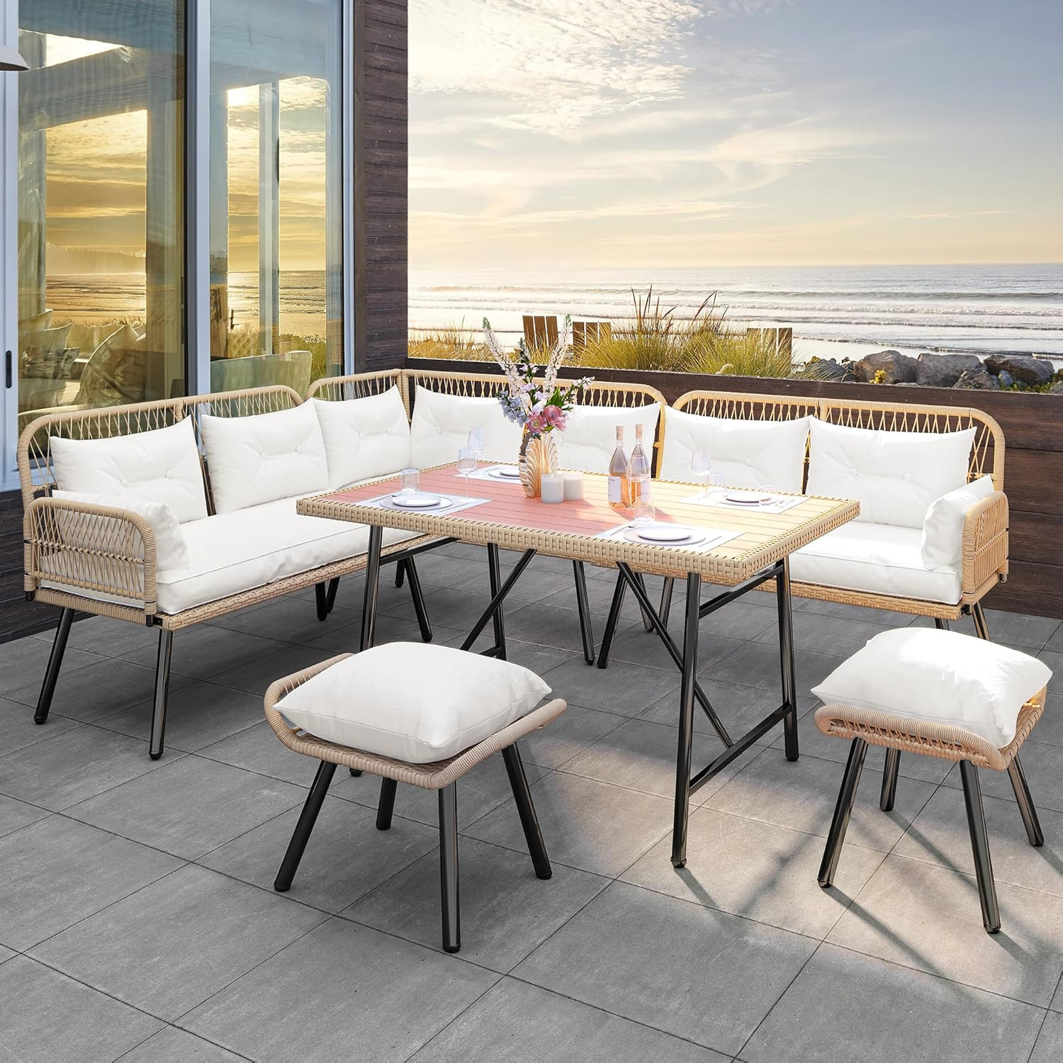 Outdoor Patio Wicker L-Shaped Furniture Set All-Weather Rattan Conversation Sofa