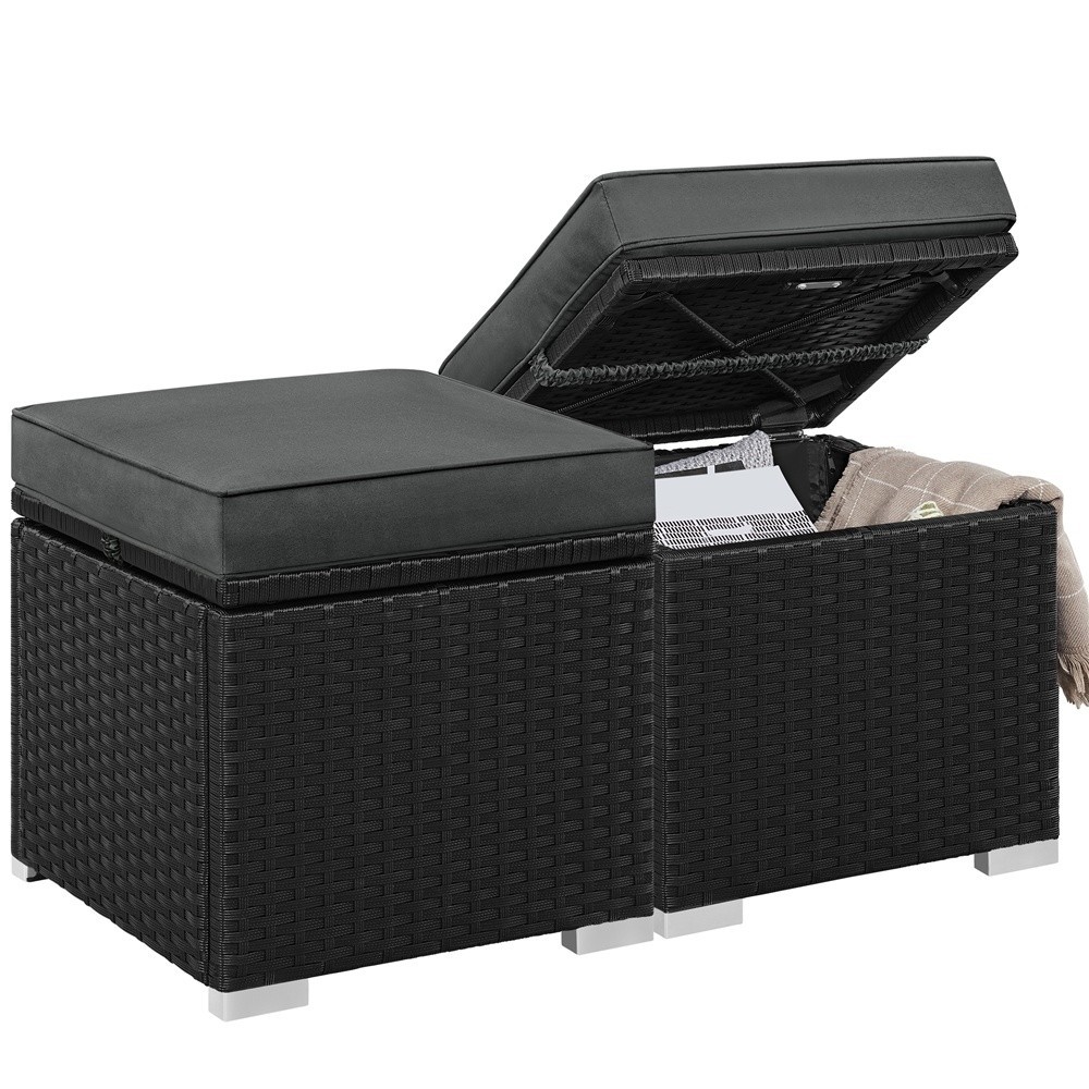 Wicker Patio Storage Ottomans with Cushions, Set of 2, Black/Gray