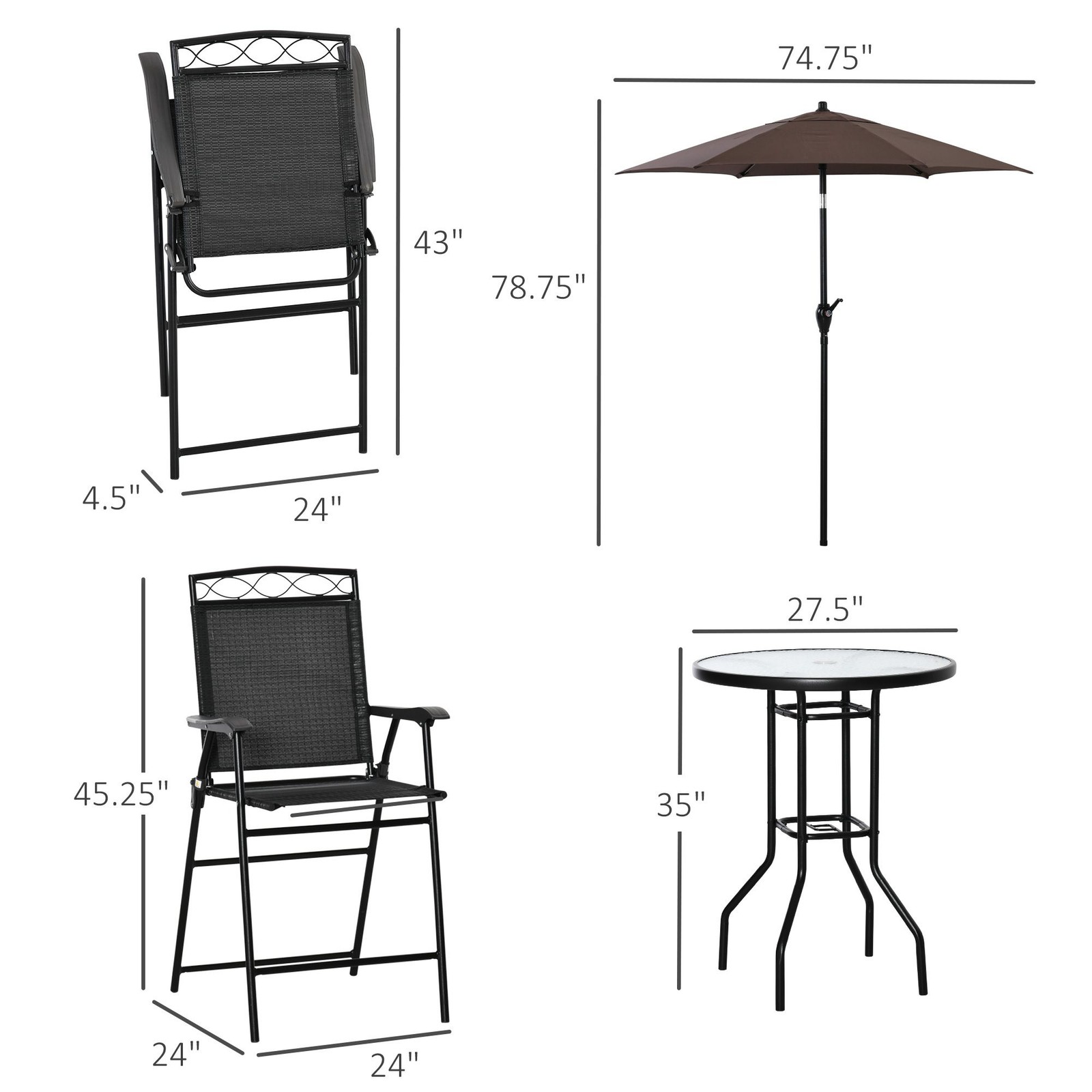 Steel Patio Bar Set: 2 Folding Chairs, 27.5″ Glass Table, Adjustable Umbrella