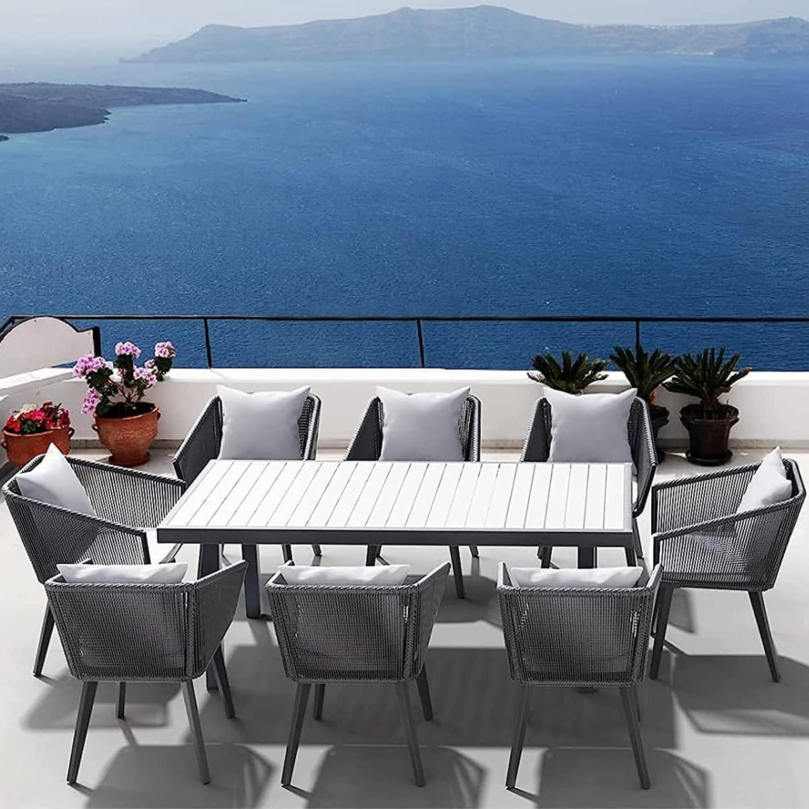 Outdoor Rattan Patio Dining Set, 8‑Seater Aluminum Table & Chairs with Cushions