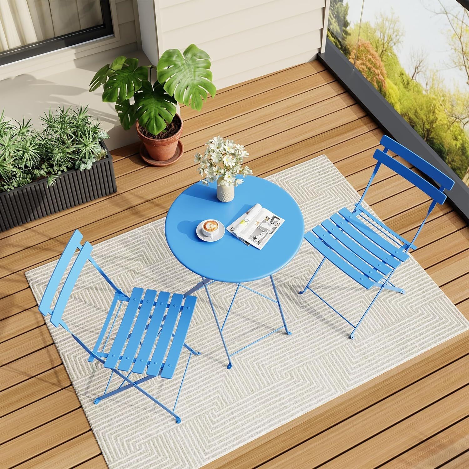 3-Piece Outdoor Folding Bistro Set w/Weatherproof Steel Table & 2 Chairs Patio