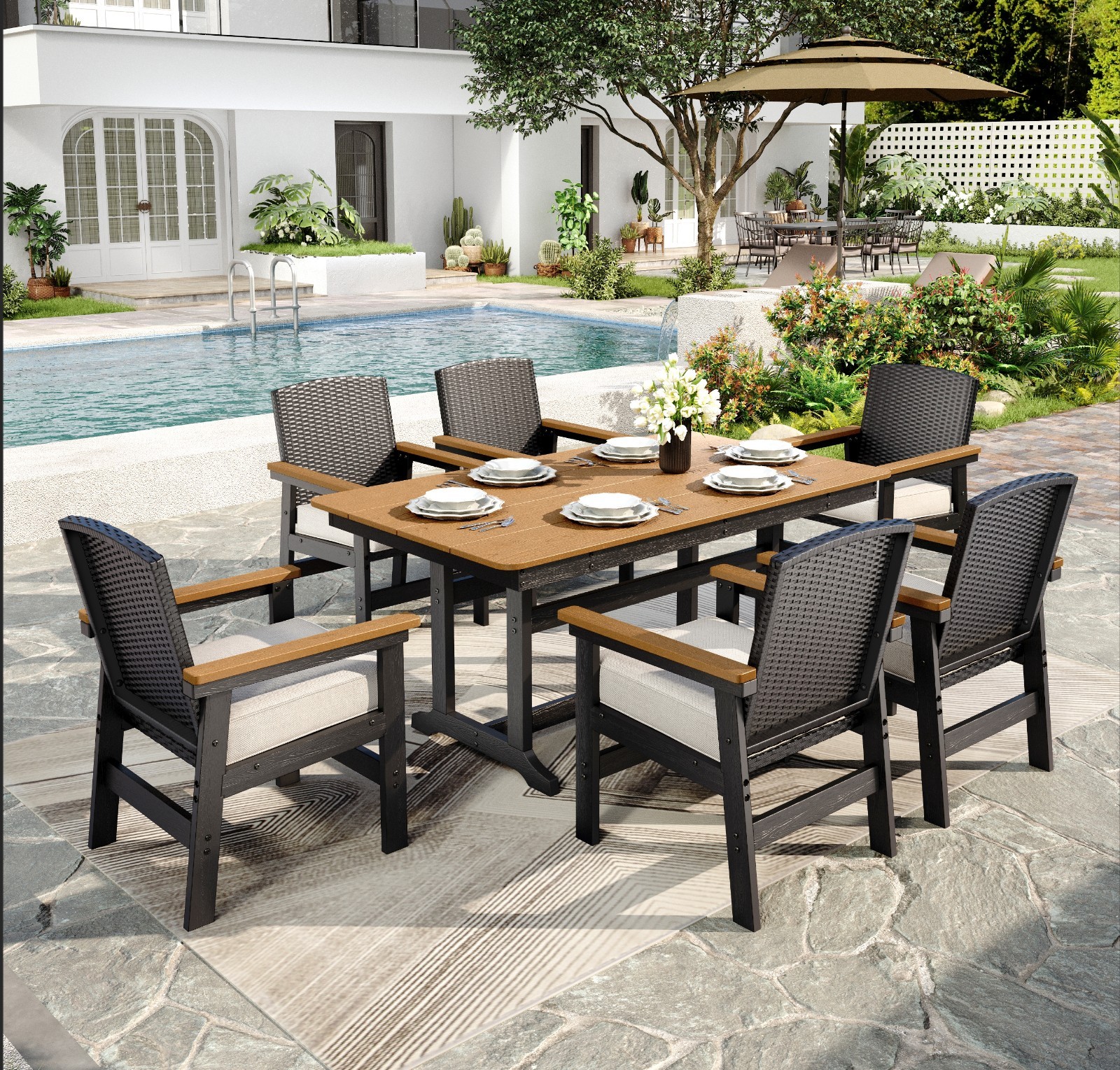 7 Piece Outdoor Dining Sets Rattan Wicker Patio Table Chairs Set with Cushions