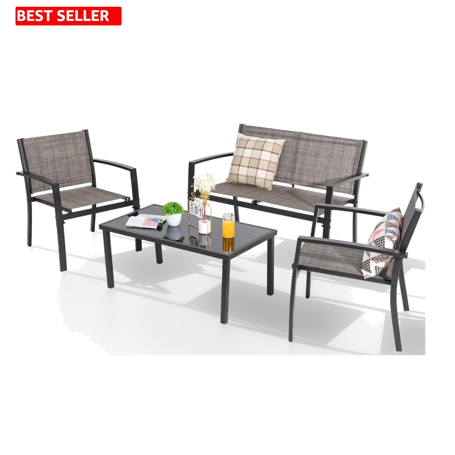 Chic Light Brown Outdoor Conversation Set with Durable Glass Table and Seating
