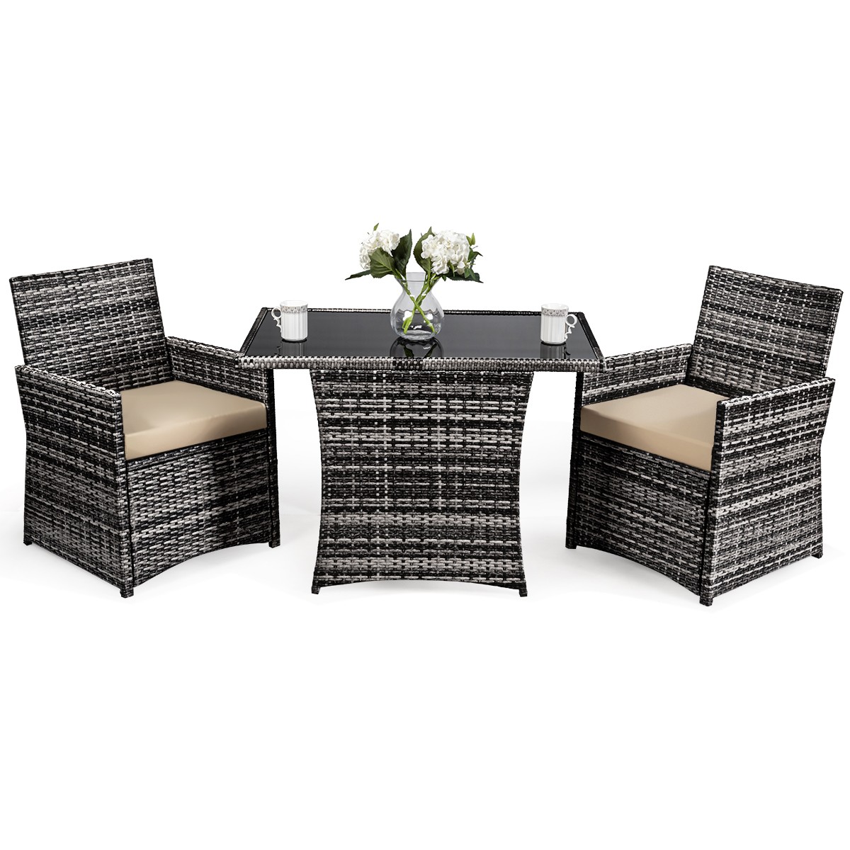 3PCS Outdoor Patio Rattan Wicker Furniture Set Armrest Sofa Cushion Mix Gray