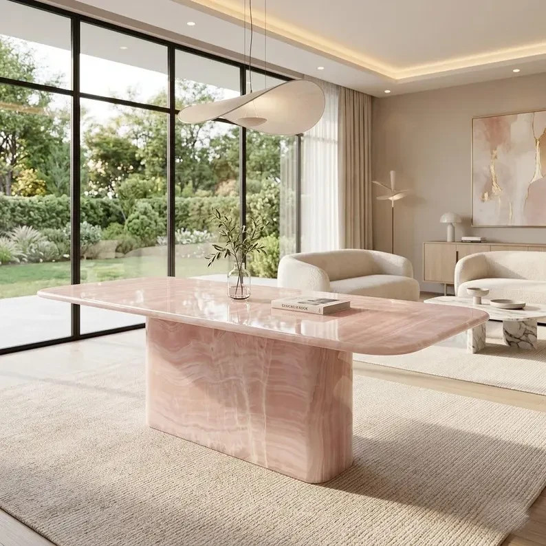 Pink Onyx Centerpiece Table, Luxury Onyx Coffee Table, Natural Stone Center Deco