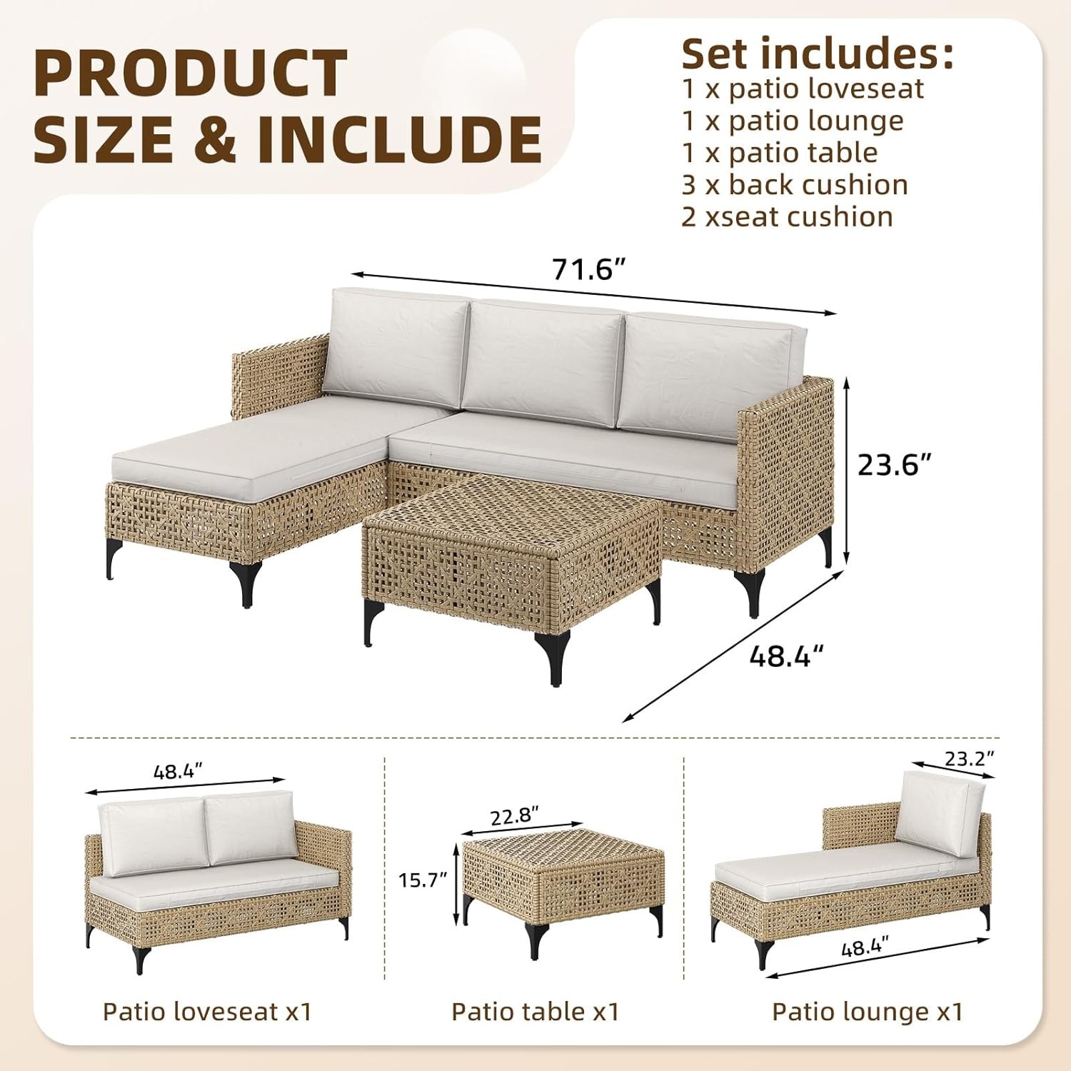 3-Piece Wicker Patio Sectional Set w/ Cushions & Coffee Table, Weatherproof