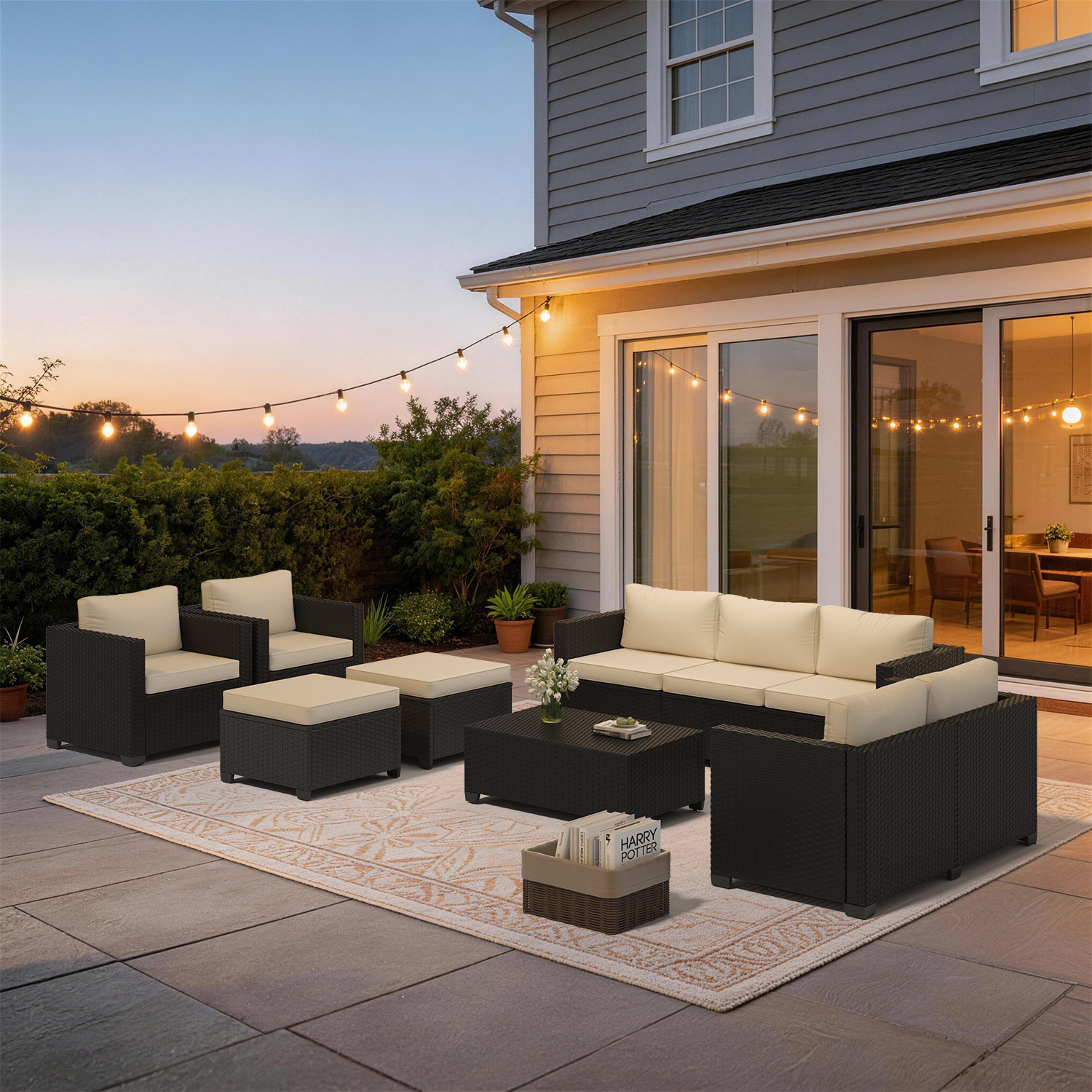7-Piece Black Rattan Sofa Set w/ Storage Coffee Table Beige 9-Seat