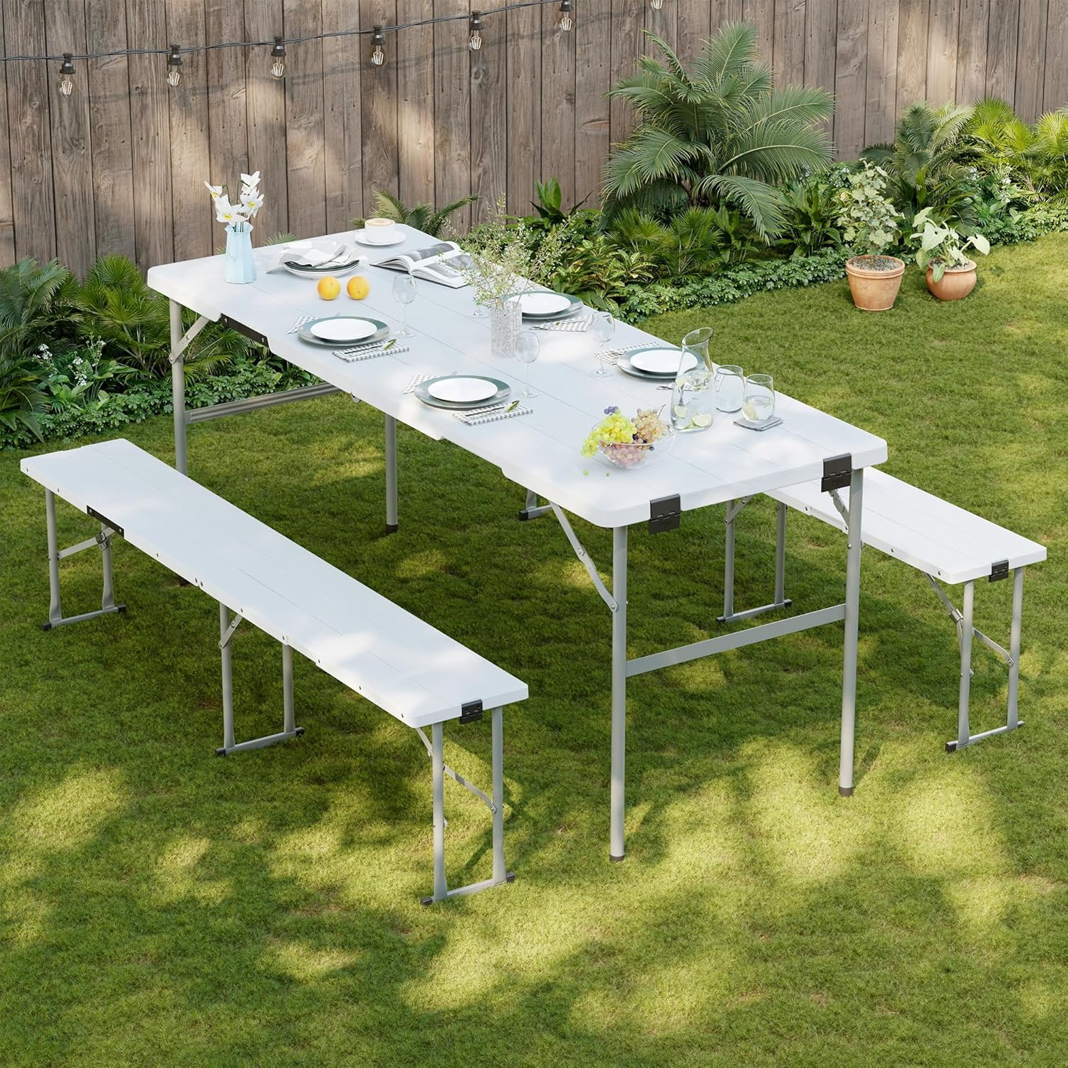 Picnic Table Set with 2 Benches,6 Feet Folding Camping Table Chair Set with Wood