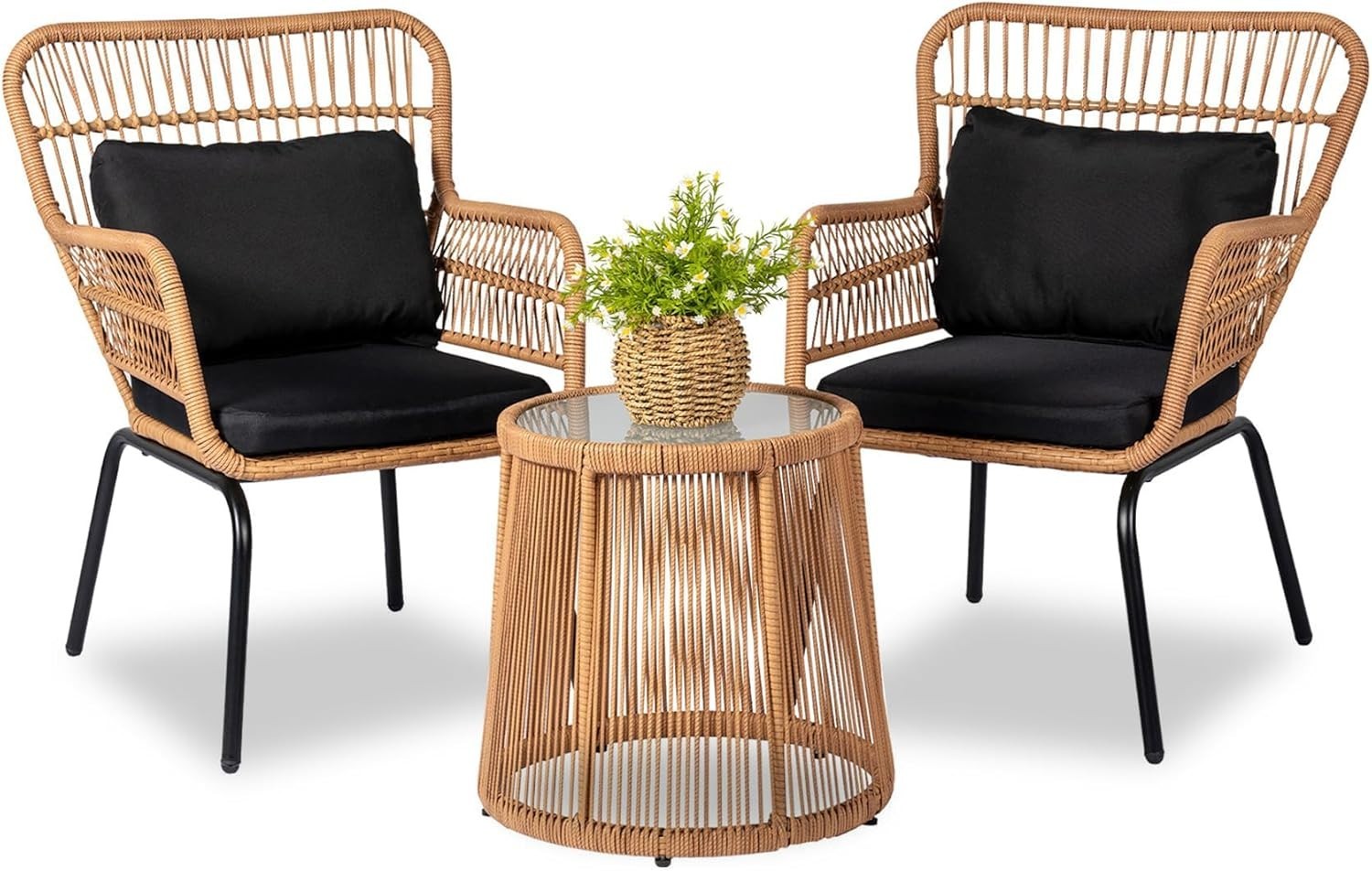 Bistro Set Chair & Table Set Wicker Rattan 3Pcs Outdoor Bistro Set, Yellow/Black