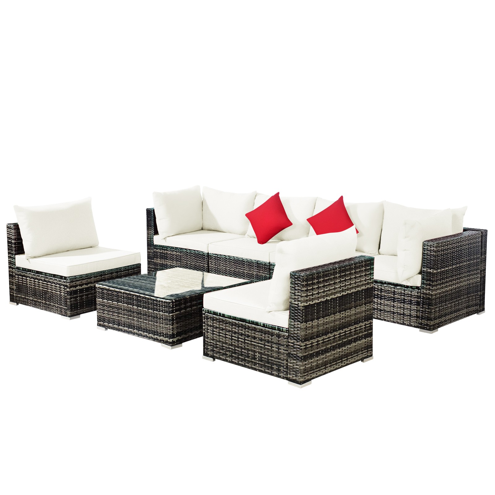 Patiojoy Patio 7PCS Rattan Furniture Set Sectional Sofa Garden White Cushion