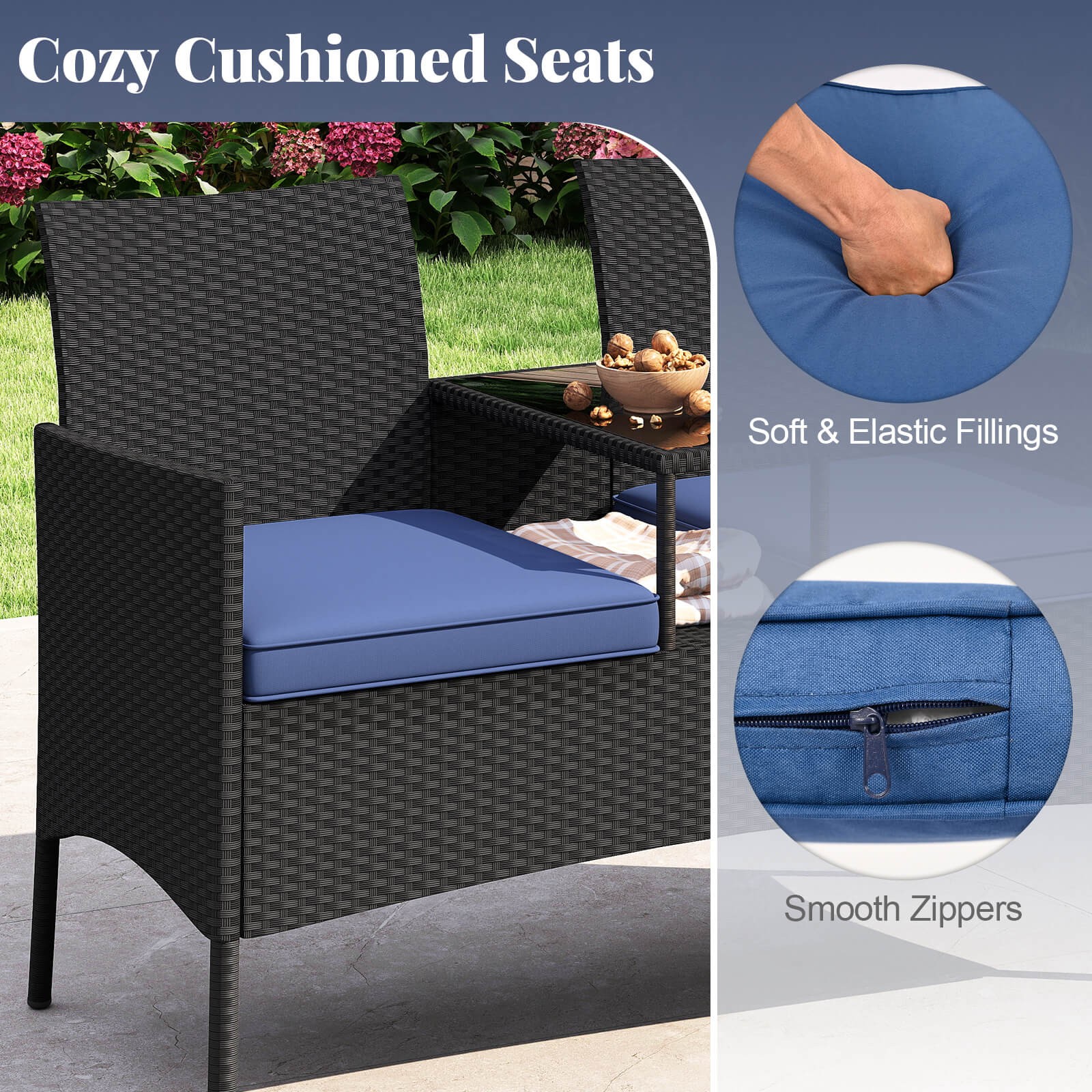 Patio Loveseat w/ Built-in Table Soft Cushions & Tempered Glass Tabletop