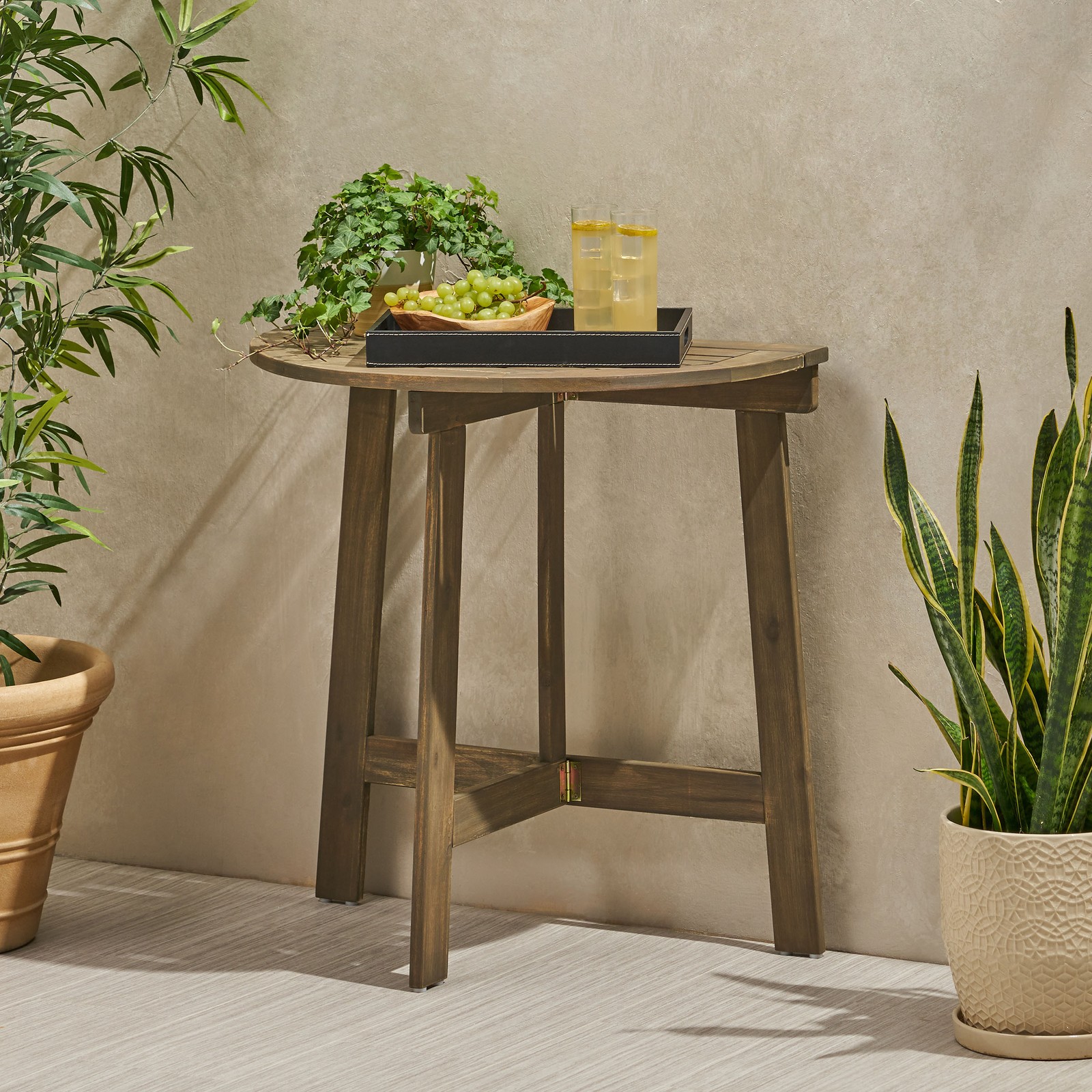 Half-Round Folding Acacia Wood Bistro Table, Grey Finish