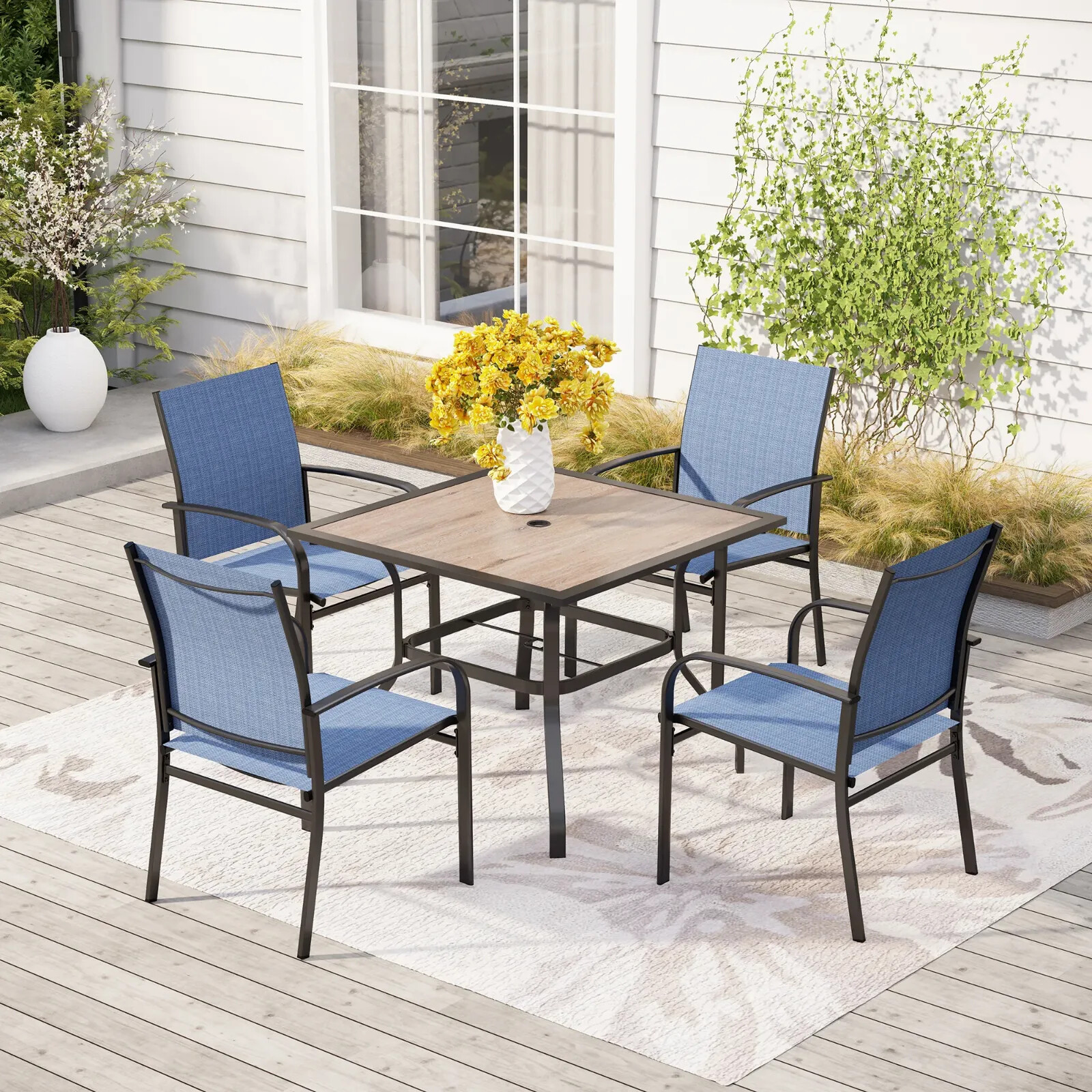 PHI VILLA 5 Piece Patio Dining Set with Umbrella Hole Outdoor Table for Backyard
