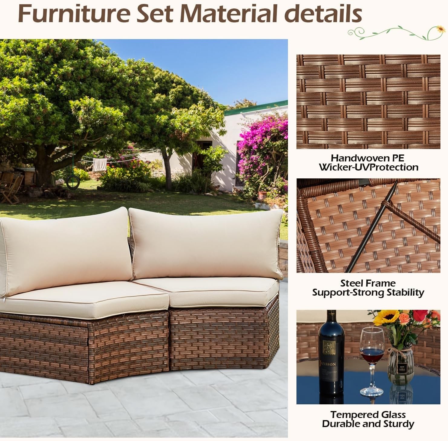 Set of 7 Half-Moon Patio Furniture All-Weather Wicker Curved Sofa Storage Table