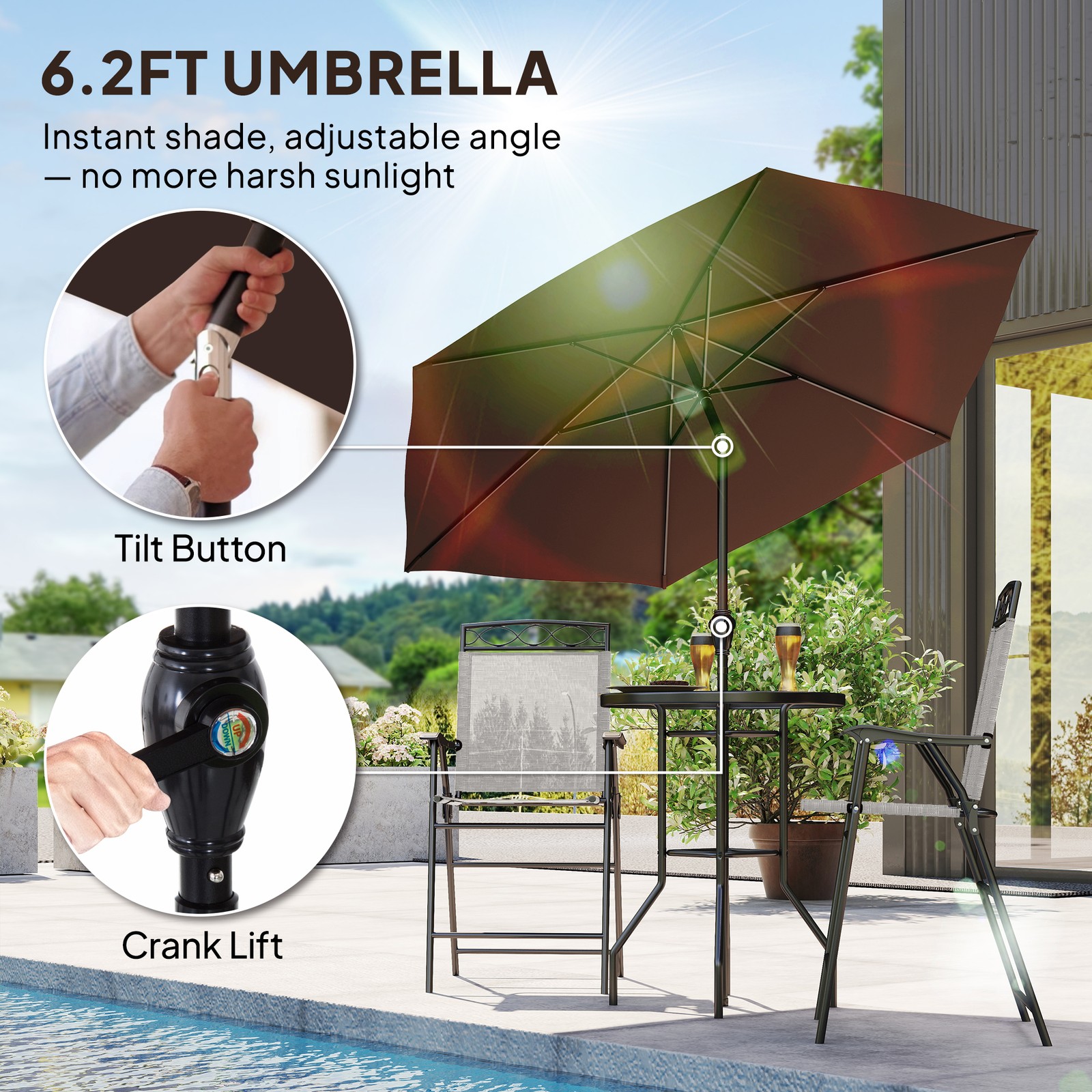 4pc Outdoor Patio Dining Set Furniture, 2 Folding Chairs, Table, Umbrella, Beige