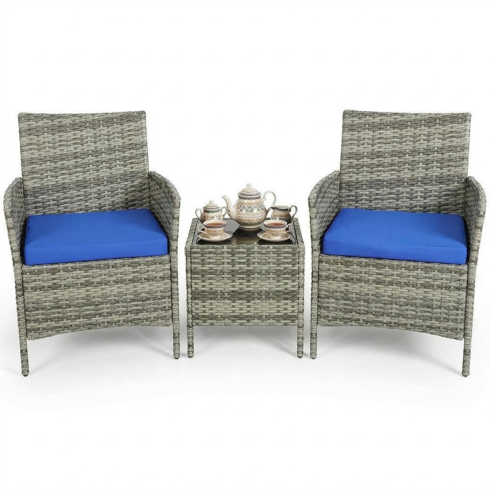 3pcs Outdoor Patio Furniture Set PE Rattan Wicker Chairs with Waterproof Cushion