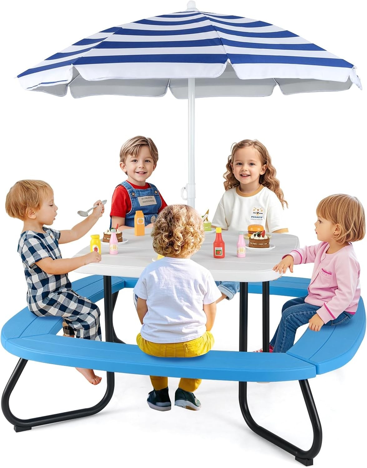 Kids Picnic Table 8 Person Toddler Outdoor Table & Chair Set 4 Built-in Benches