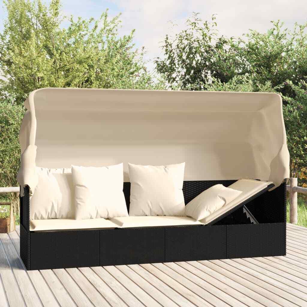 Patio Lounge Bed with Roof and Cushions Adjustable Day Bed Poly Rattan vidaXL