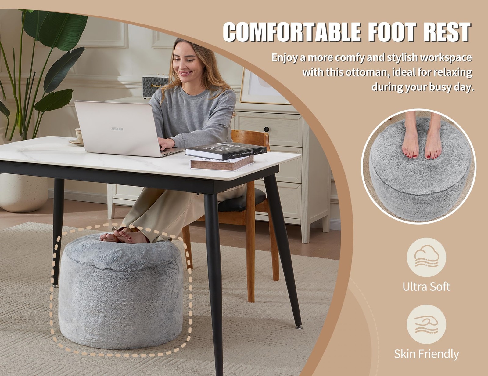 Pouf Ottoman Foot Rest 20″x15″ Footstools and 20″D x 20″W x 15″H, Beige