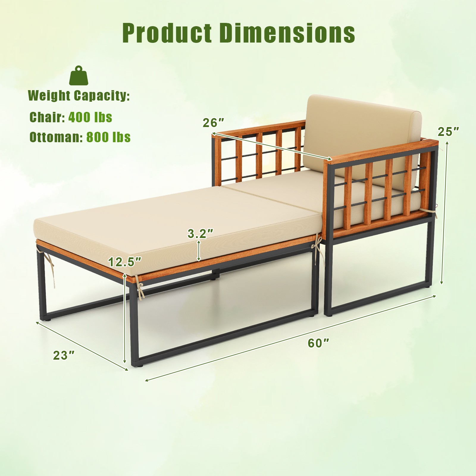 Outdoor Chaise Lounge Chair and Ottoman Set for Poolside Acacia Wood