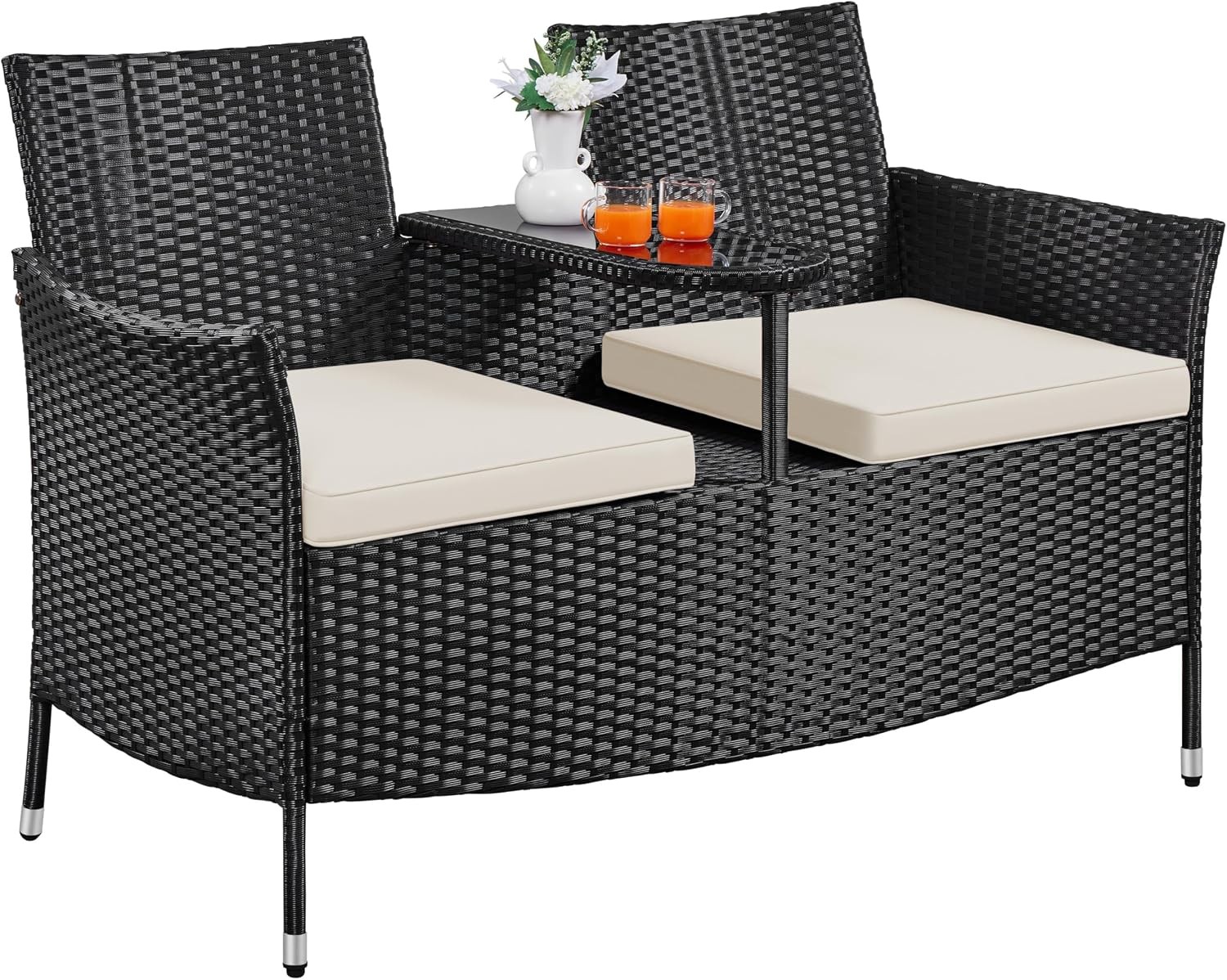 Patio Loveseat Outdoor Wicker Double Chair w/Side Table PE Rattan Furniture Set