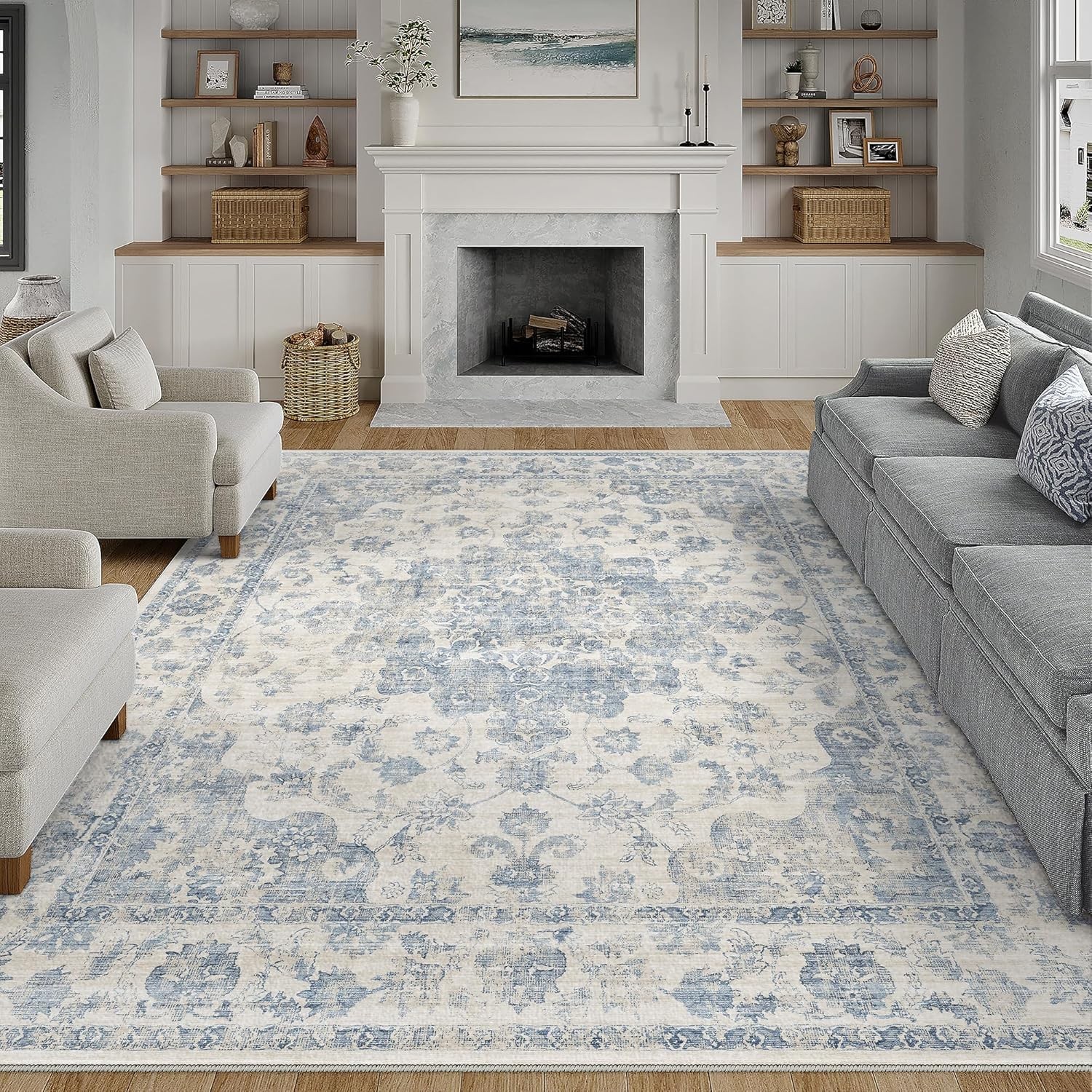 8×10 Washable Neutral Area Rug Blue Vinta Living Room Bedroom Carpet