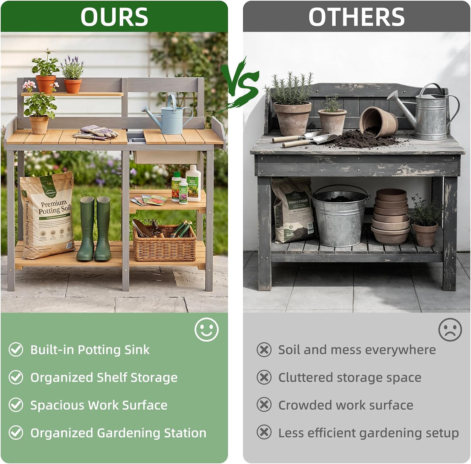Wooden Potting Bench Table with Sink, Outdoor Garden Table Work Bench with Shelf