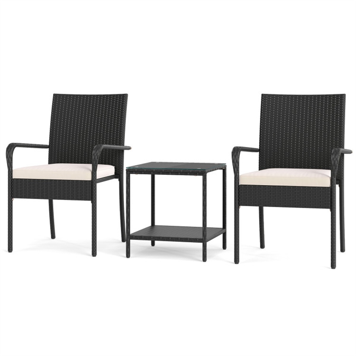 3 Piece/ser Patio PE Wicker Bistro Set 2-Tier Side Table Outdoor Chair Set