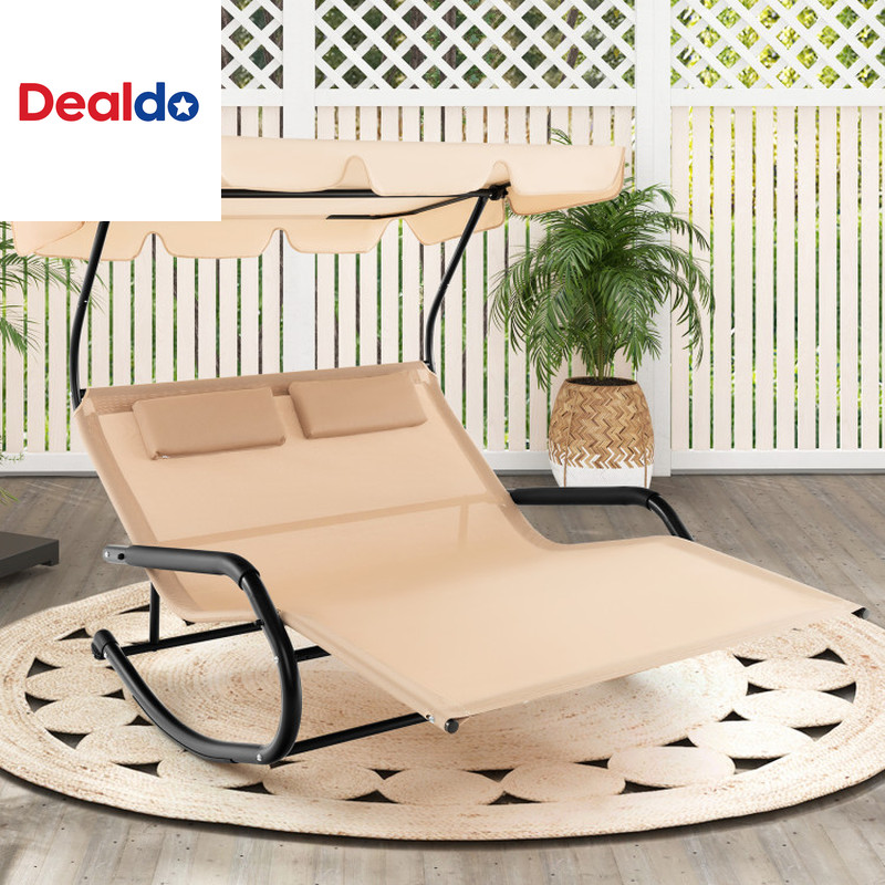 Outdoor 2 Persons Rocking Chaise Lounge with Canopy and Wheels