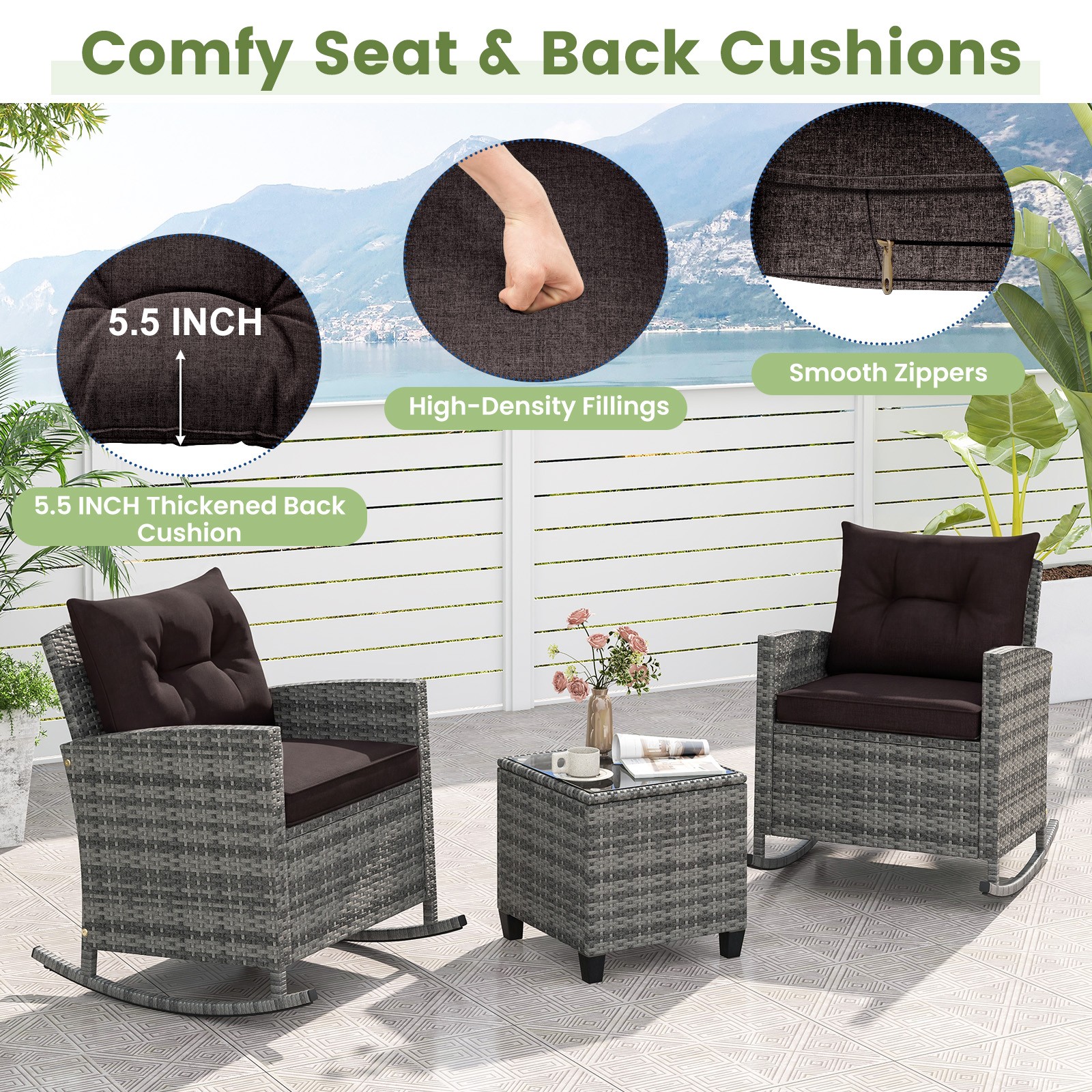 3 PCS Patio Wicker Rocking Set w/ Tempered Glass Table & Soft Cushions Outdoor