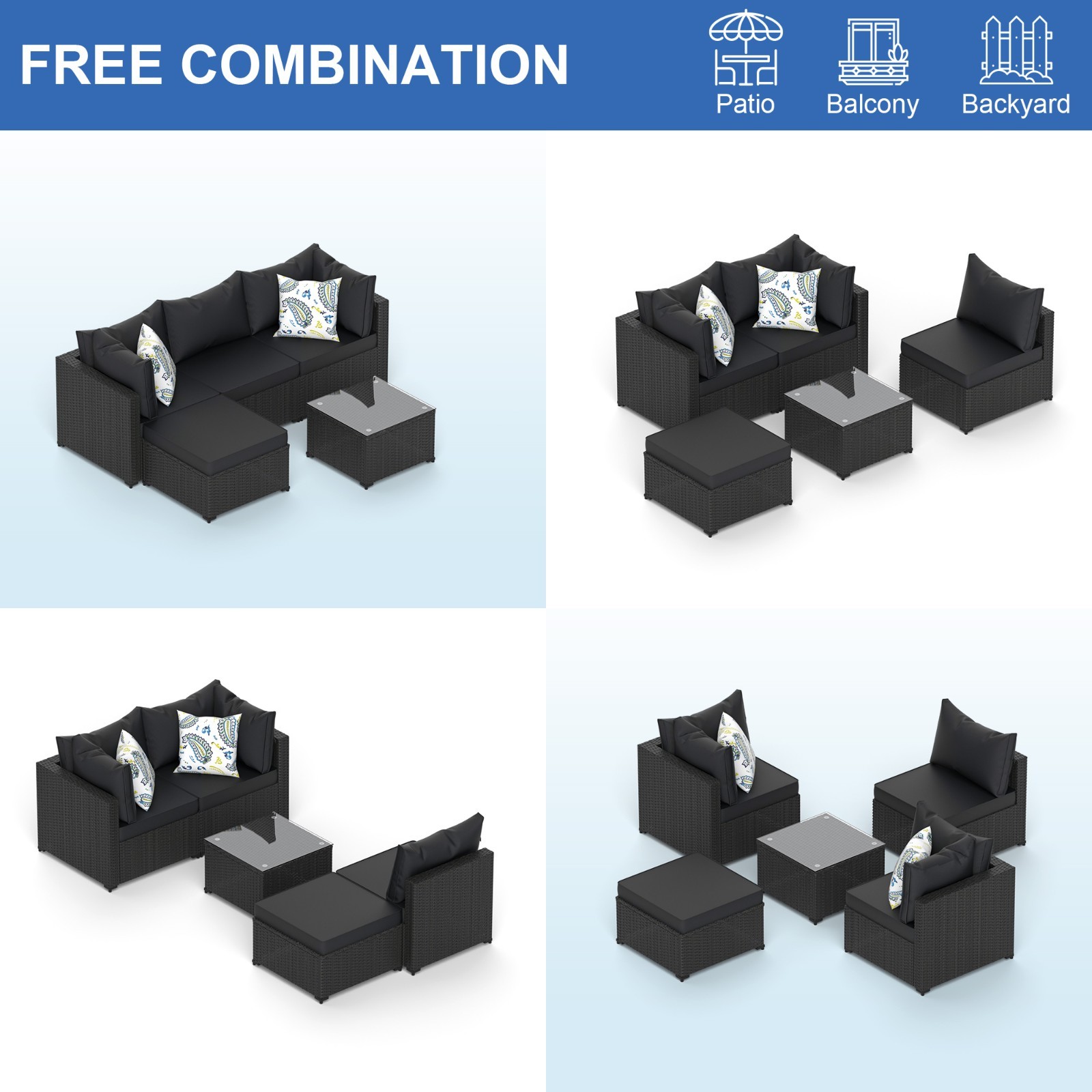 5PCS Patio Furniture Set All Weather Outdoor Sectional Sofa w/ Cushion PE Rattan
