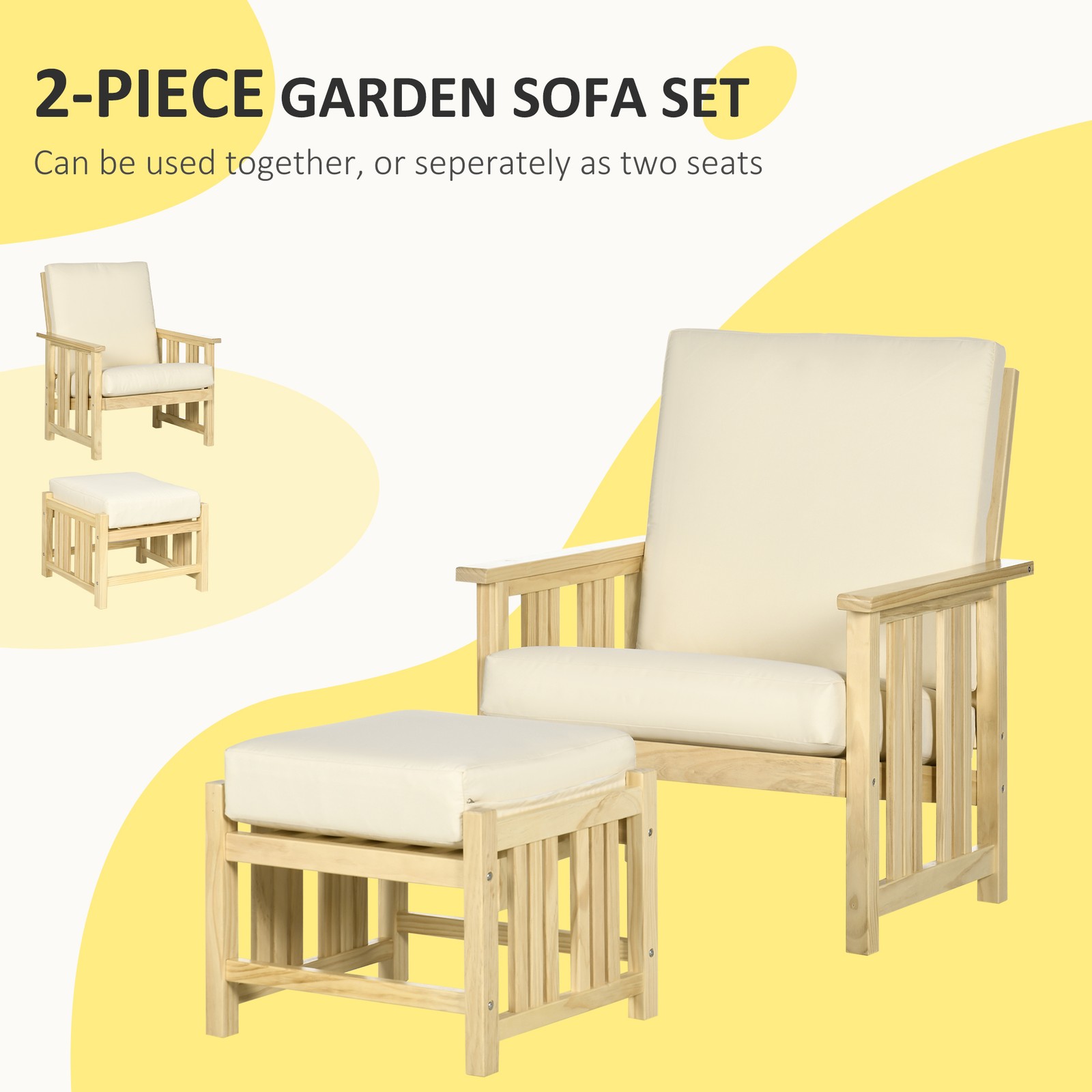 Patio Furniture Set, Wood Outdoor Patio Chair with Ottoman, 2 Piece Cushioned