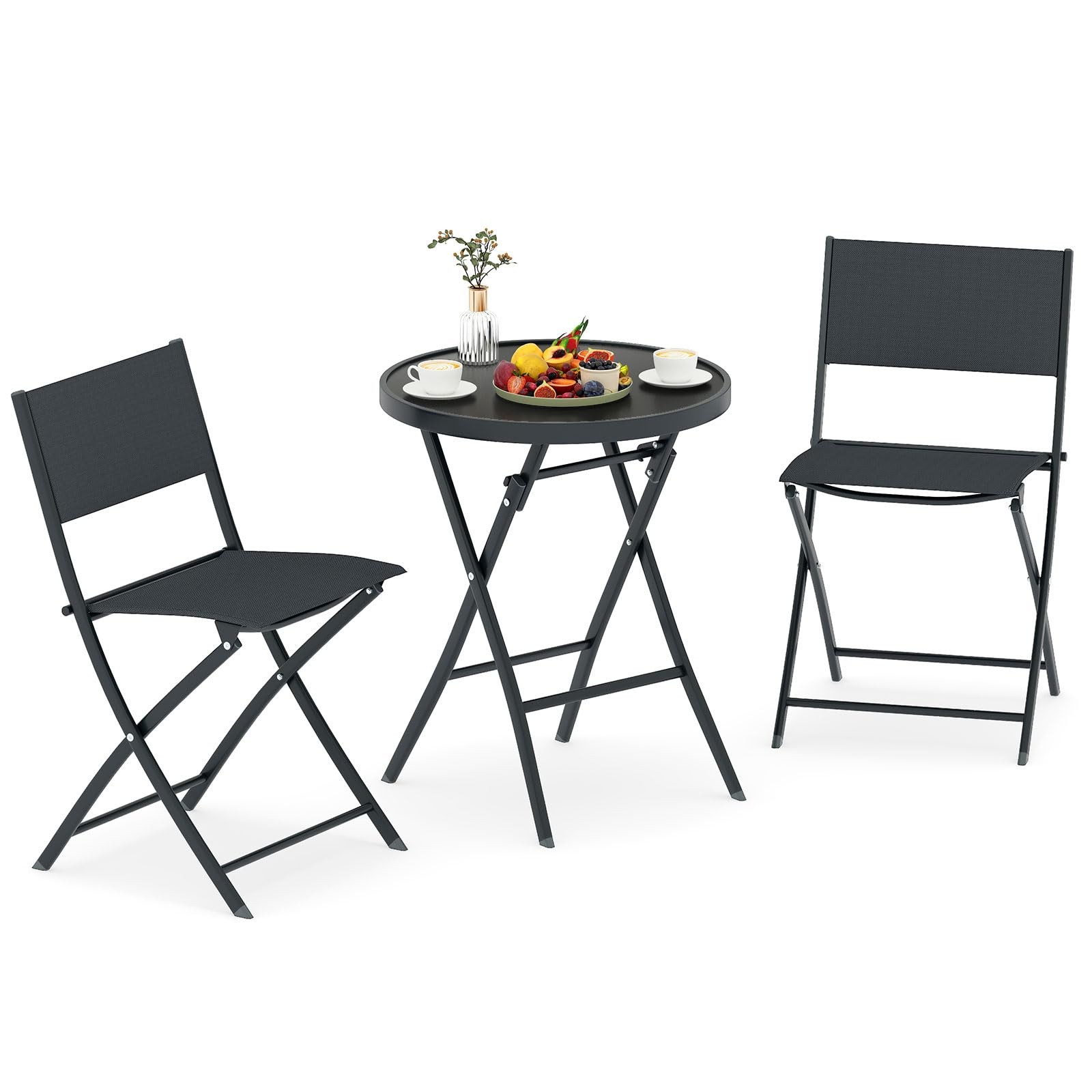 3 Piece Folding Bistro Set, Patio Dining Furniture with Breathable Fabric Sea…
