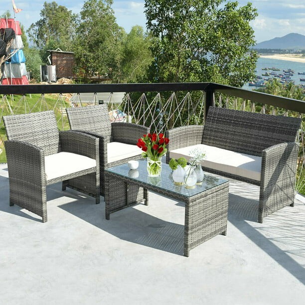 Costway 4PCS Rattan Patio Furniture Set Garden Sofa Cushioned Seat Mix Gray Wick
