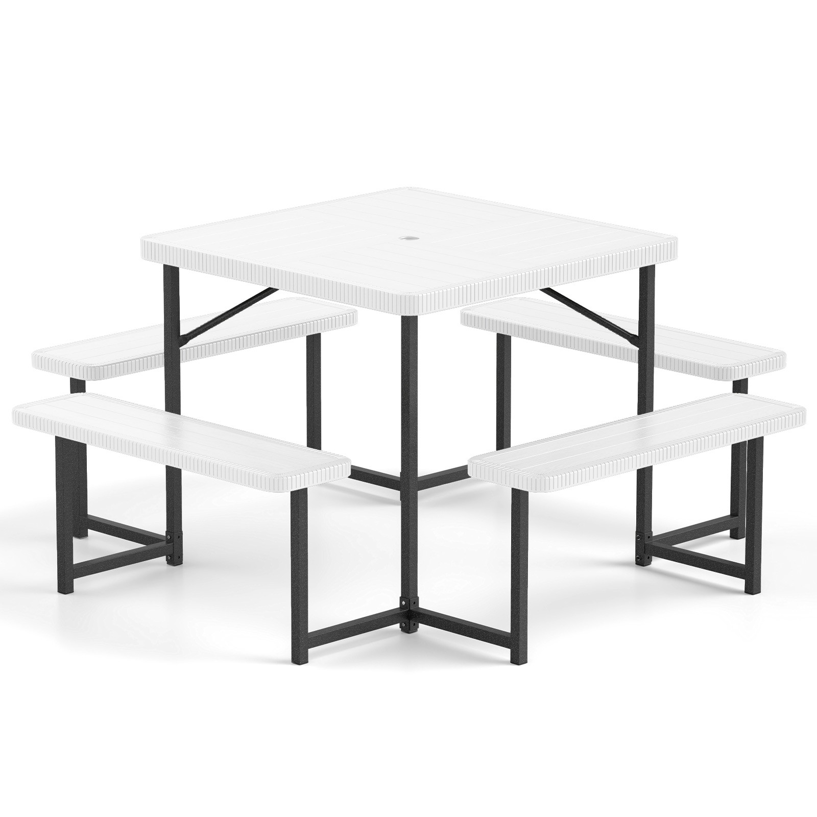Outdoor Square Picnic Table Bench Set for 4-8 People Umbrella Hole WHT