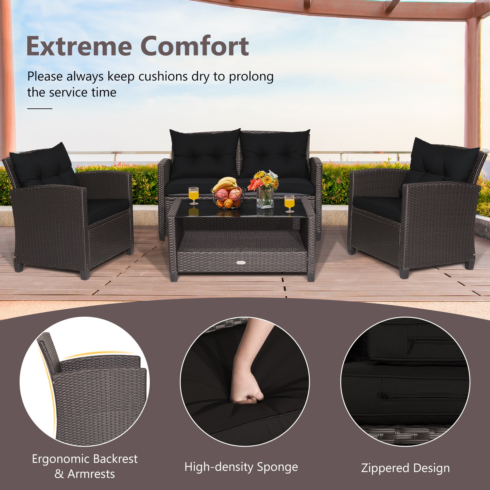 Patiojoy Patio Rattan 4PCS Cushioned Chair Coffee Table Classic Furniture Set