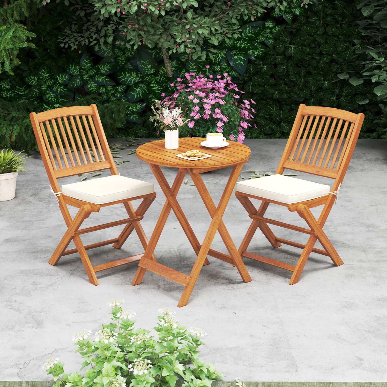 3PCS Folding Acacia Wood Bistro Set Patio Conversation Set w/ Cushions