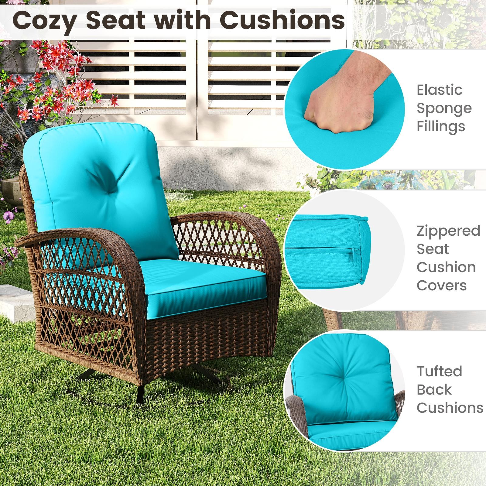 3PCS Patio Swivel Rocker Set Gliding Bistro Furniture Set w/Tempered Glass Table
