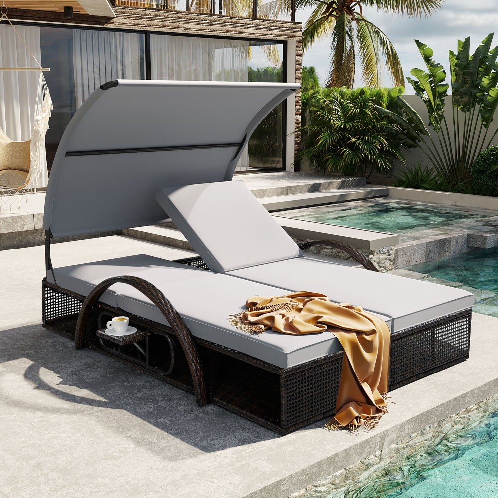 Patio Double Daybed Sunbed Lounger w/Retractable Canopy Side Table Garden Porch