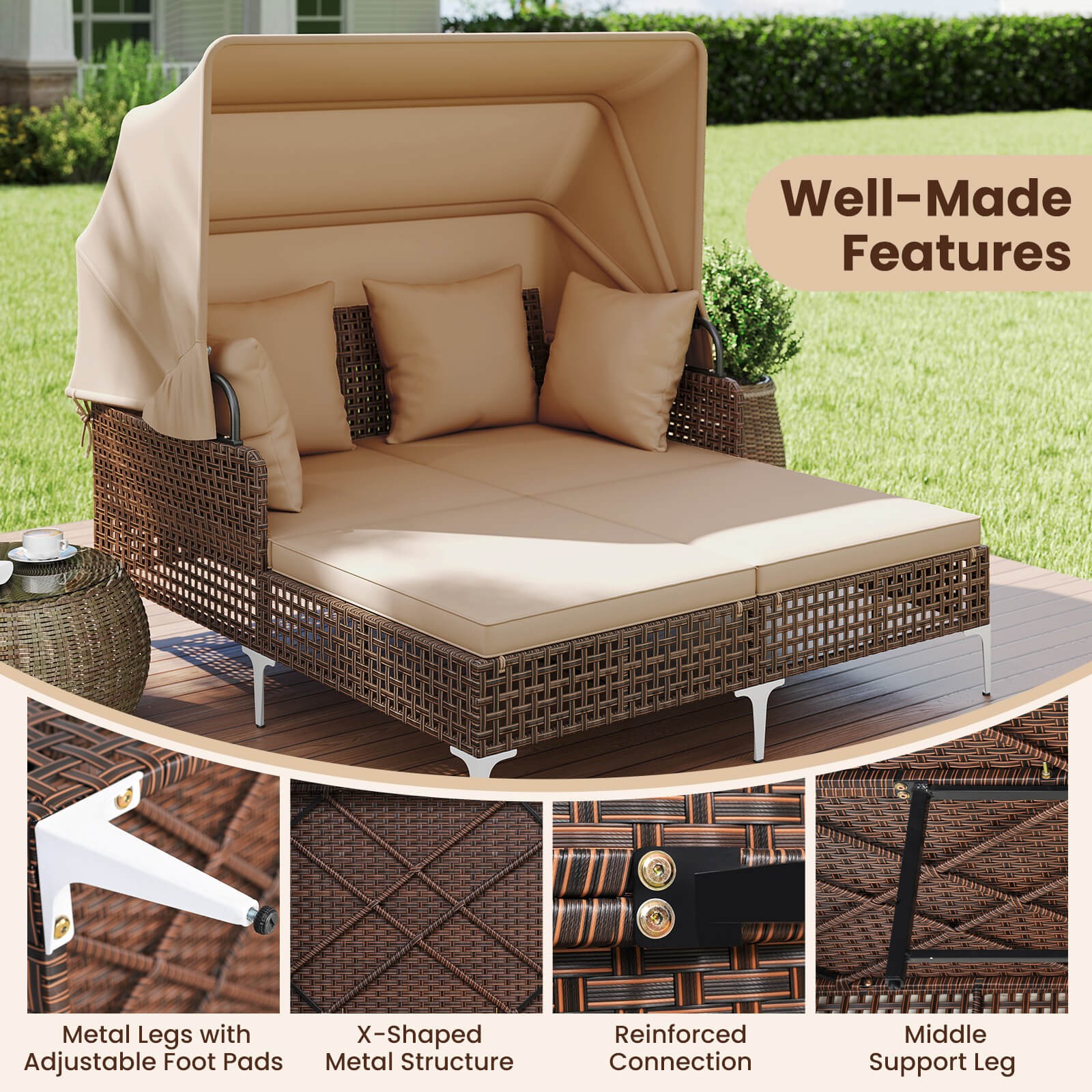 Outdoor Rattan Double Daybed w/ Retractable Canopy & Seat Back Cushions