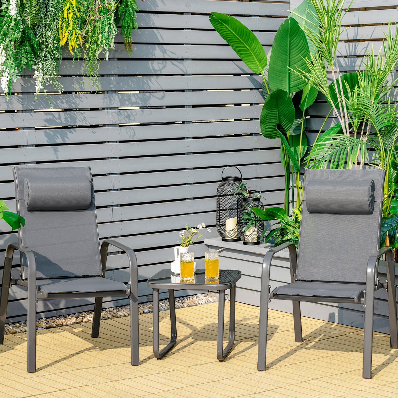 3PCS Outdoor Bistro Set Patio Conversation Set w/ Adjustable Backrest Grey