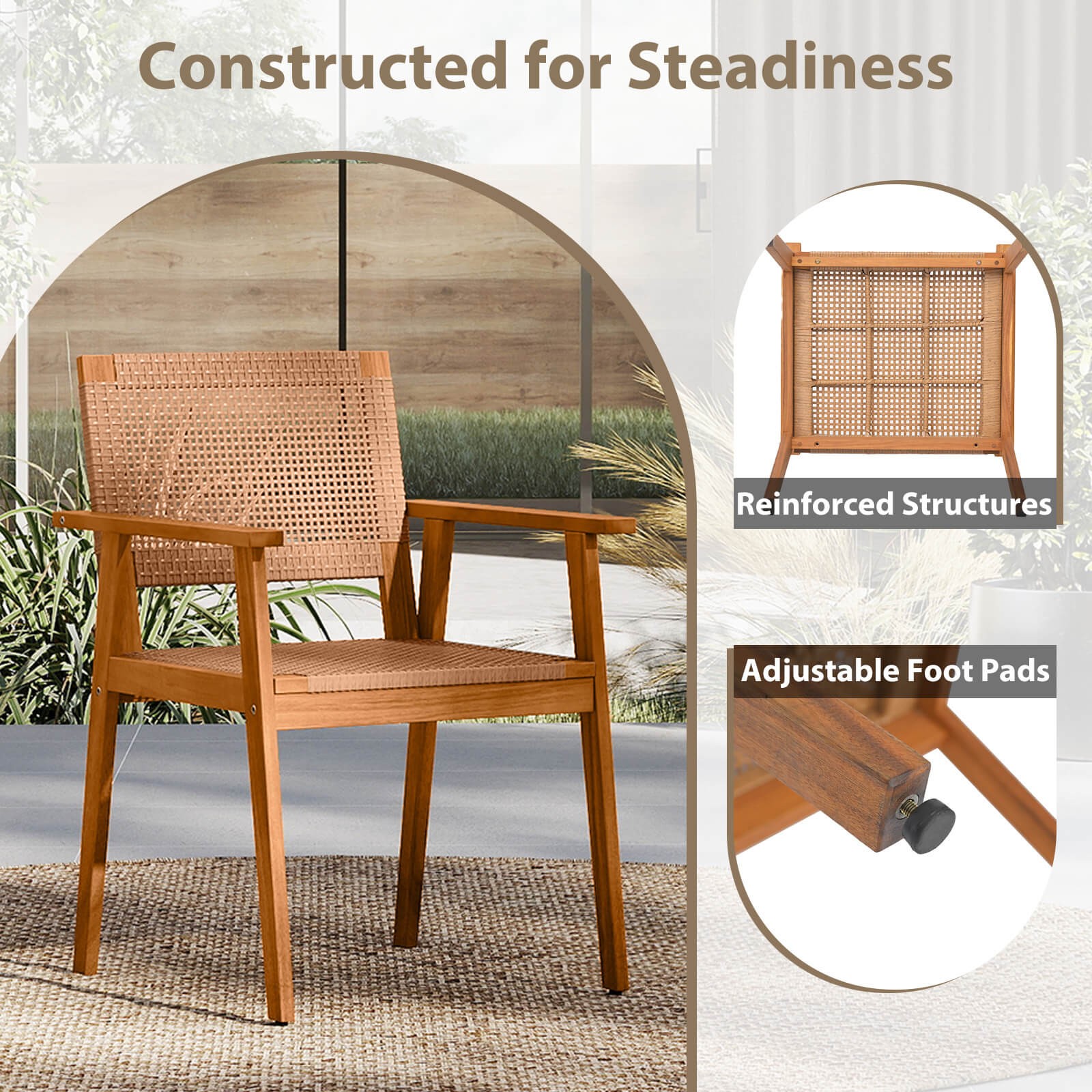 Acacia Wood Outdoor Dining Chairs Set of 4 w/Backrests & Armrests for Backyard