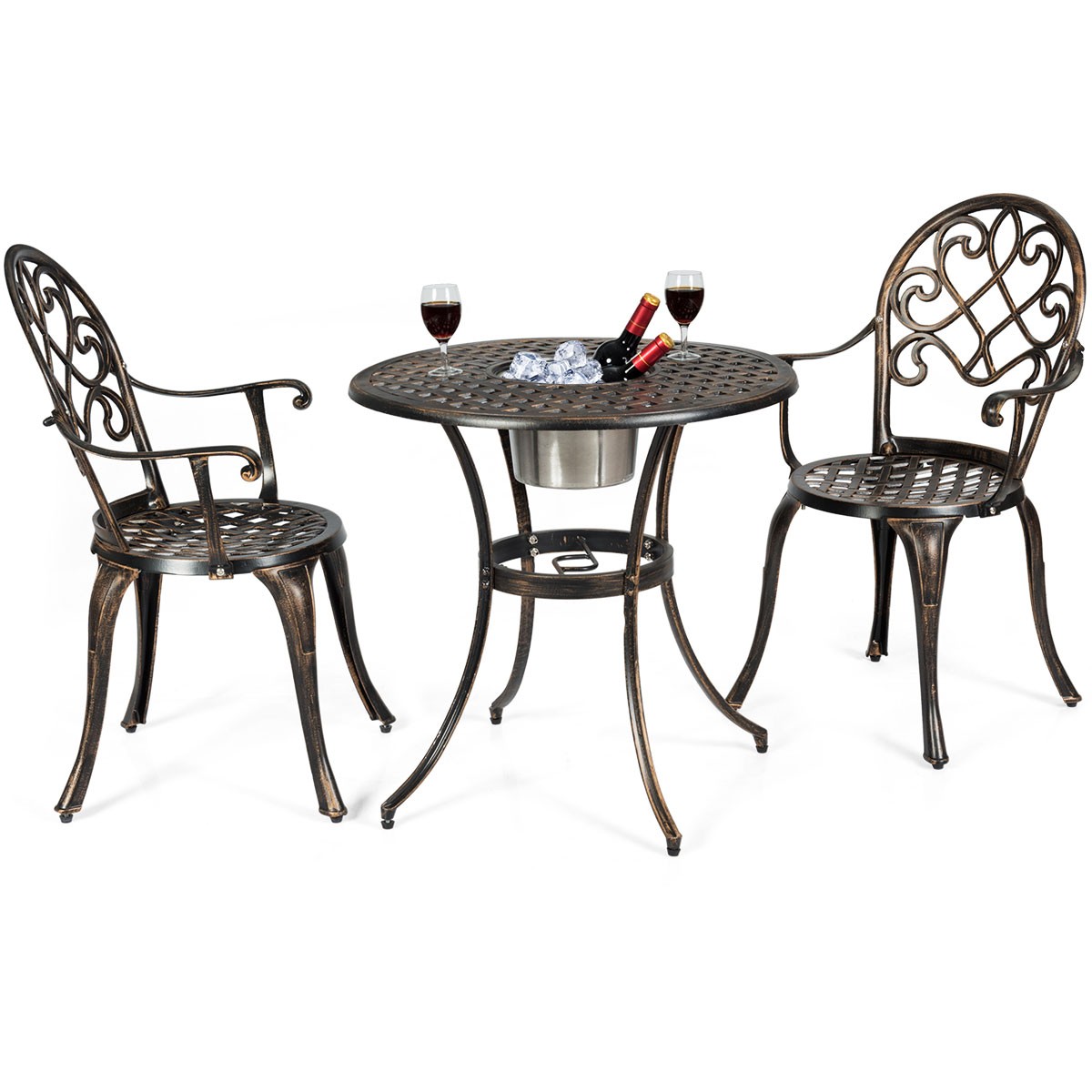 Topbuy 3 PCS Bistro Table Set Aluminum Patio Furniture W/ Ice Bucket Antique