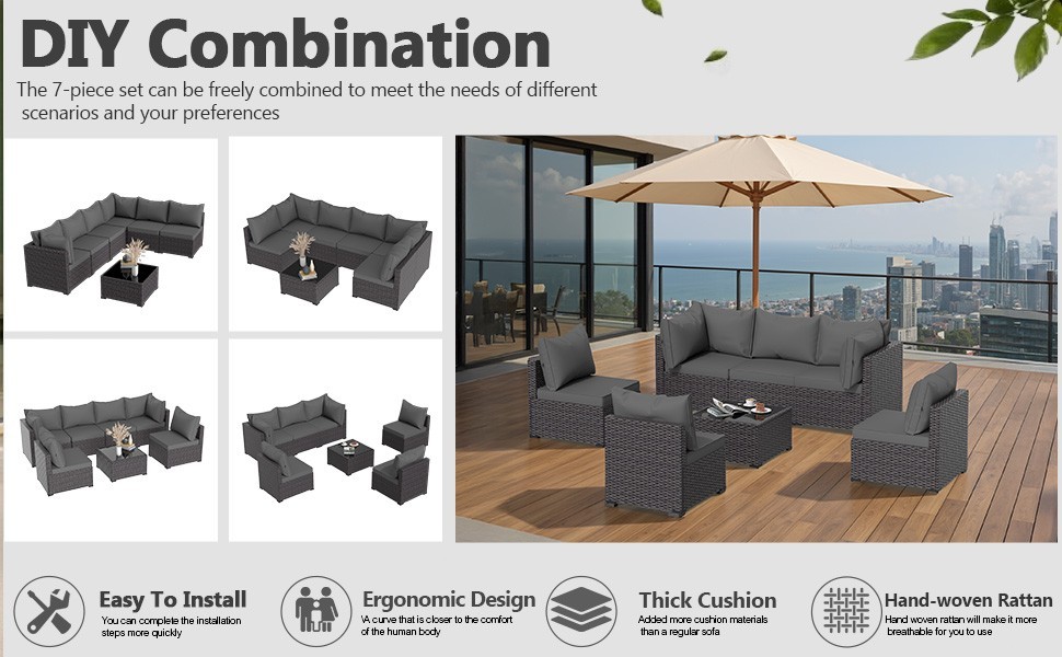 7PCS Outdoor Sectional PE Rattan Patio Conversation Set w/ Table for Balcony