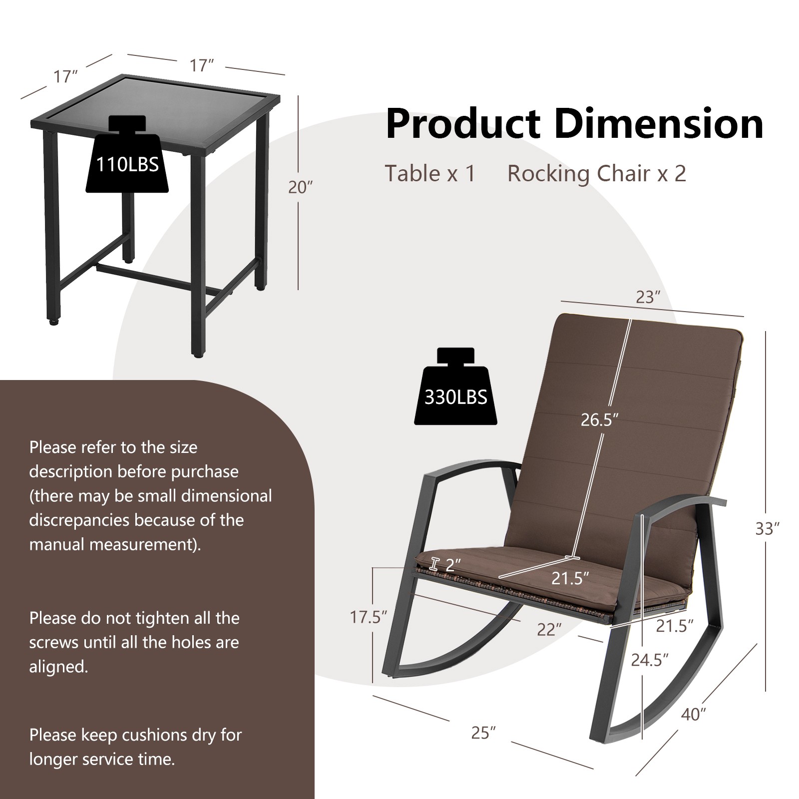 Patiojoy 3-Piece Patio Rattan Rocking Table &Chair Furniture Set Cushion Brown